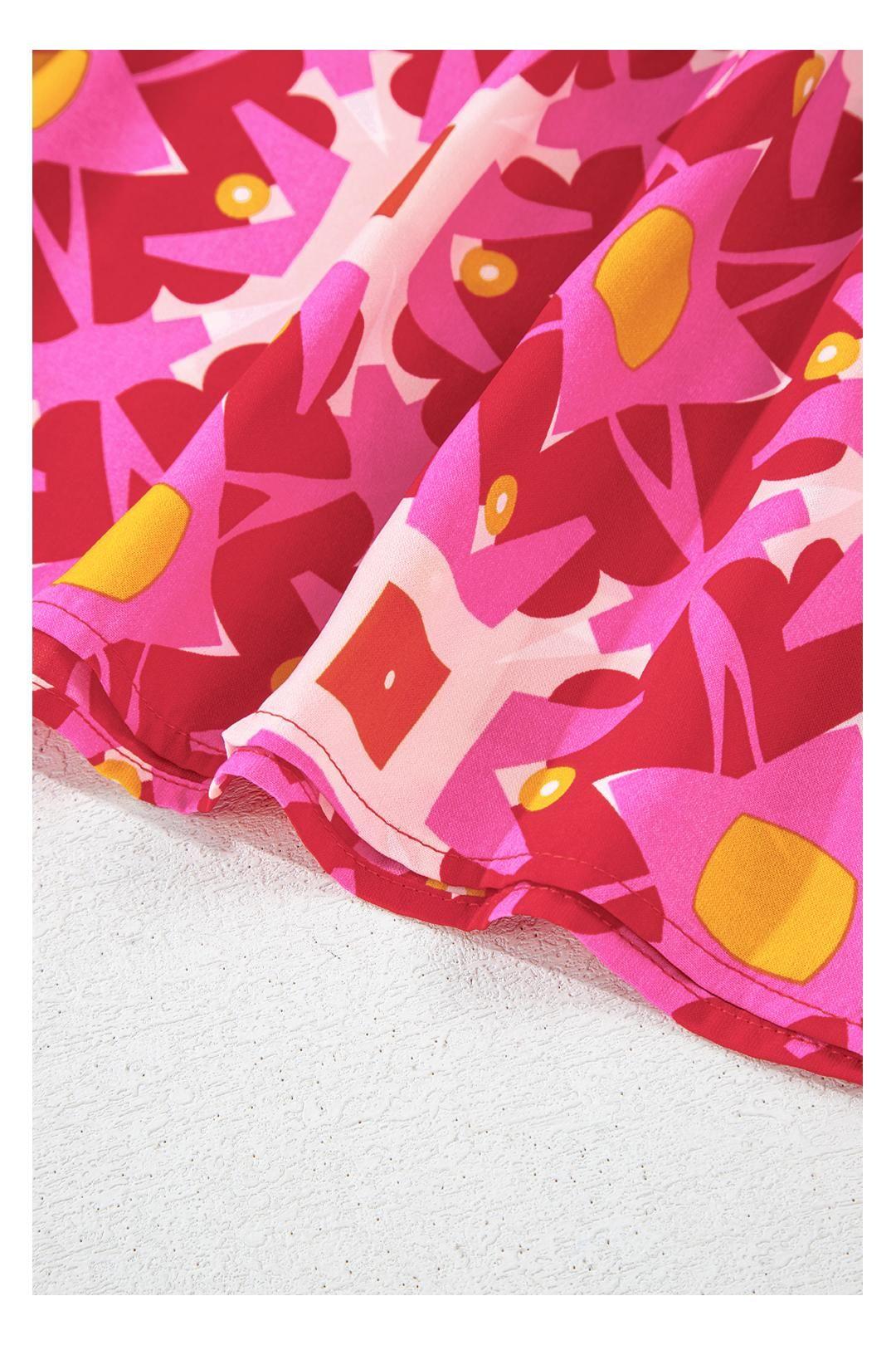 Strawberry Pink Geometric Print Smocked Long Sleeve Mini Dress by EVERYDAY THE LABEL