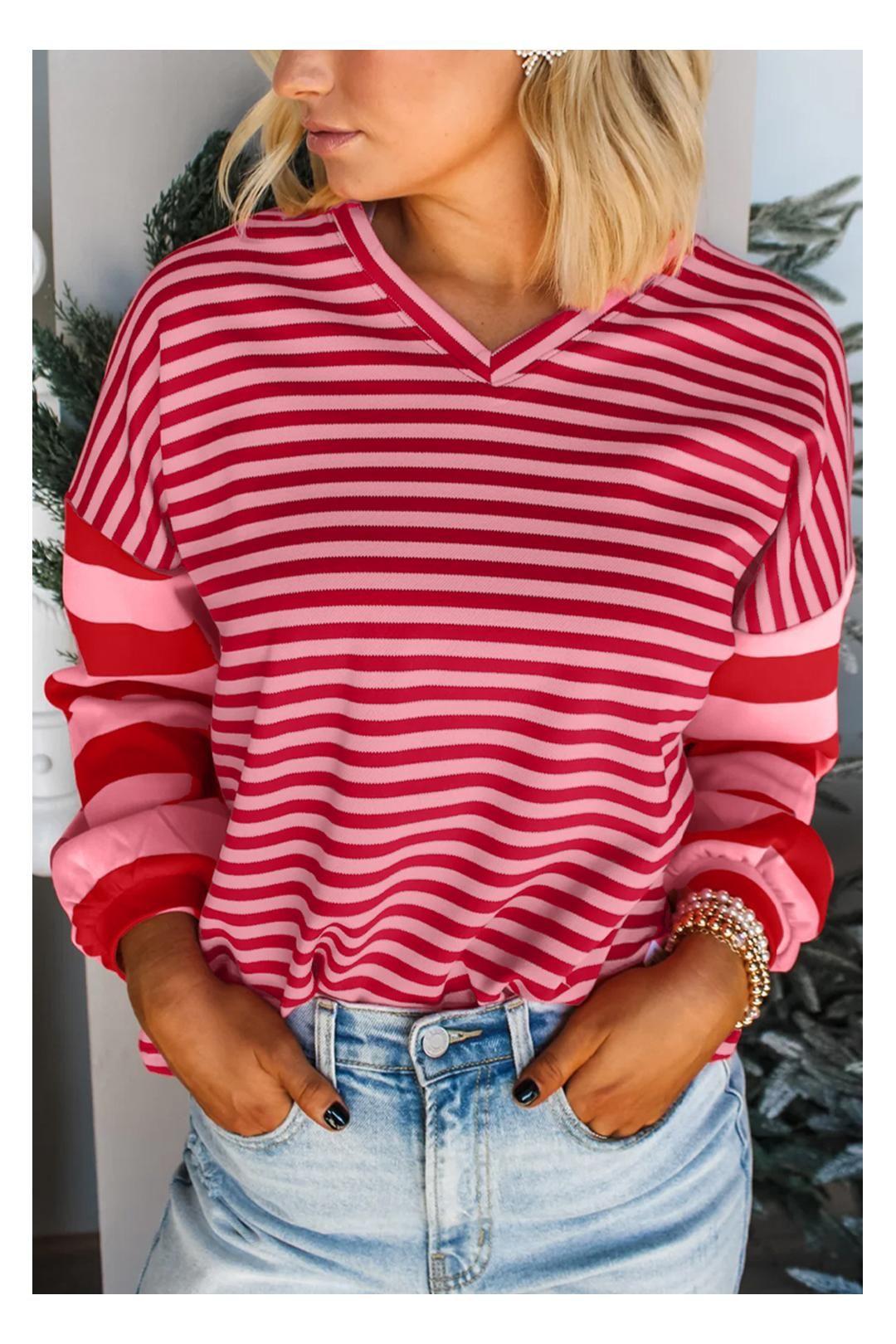 Strawberry Pink Mix Striped Drop Shoulder Patchwork Sleeve V Neck by EVERYDAY THE LABEL