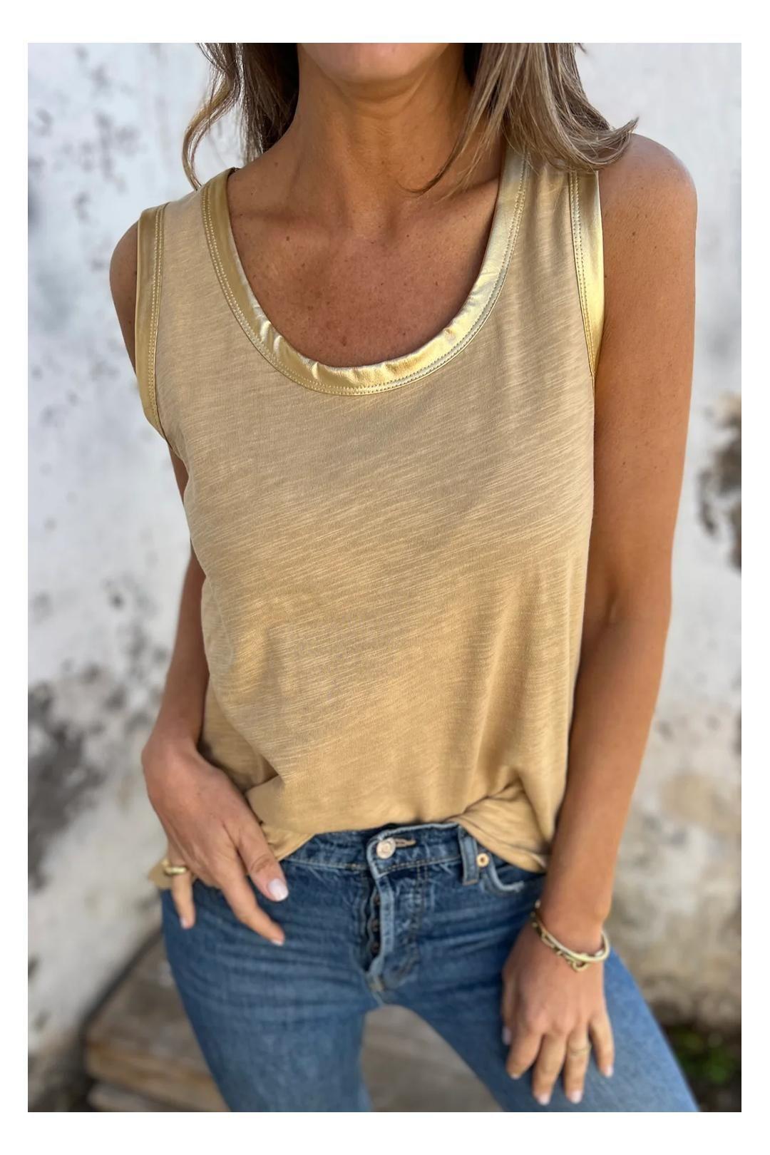 Tan Metallic Sheen Edge Scoop Neck Tank Top by EVERYDAY THE LABEL
