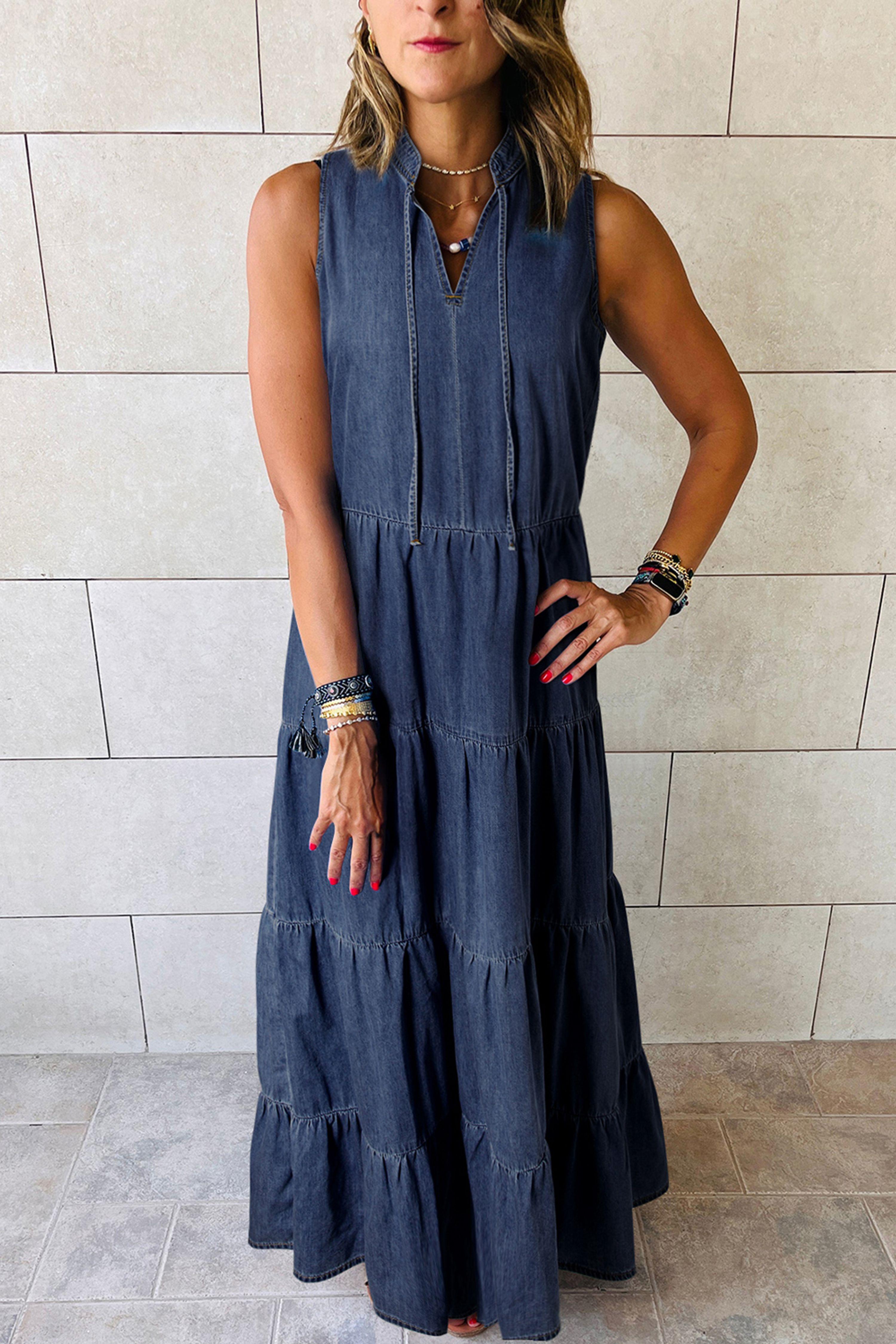 Tiered Denim Dress Sleeveless Midi Dress by EVERYDAY THE LABEL