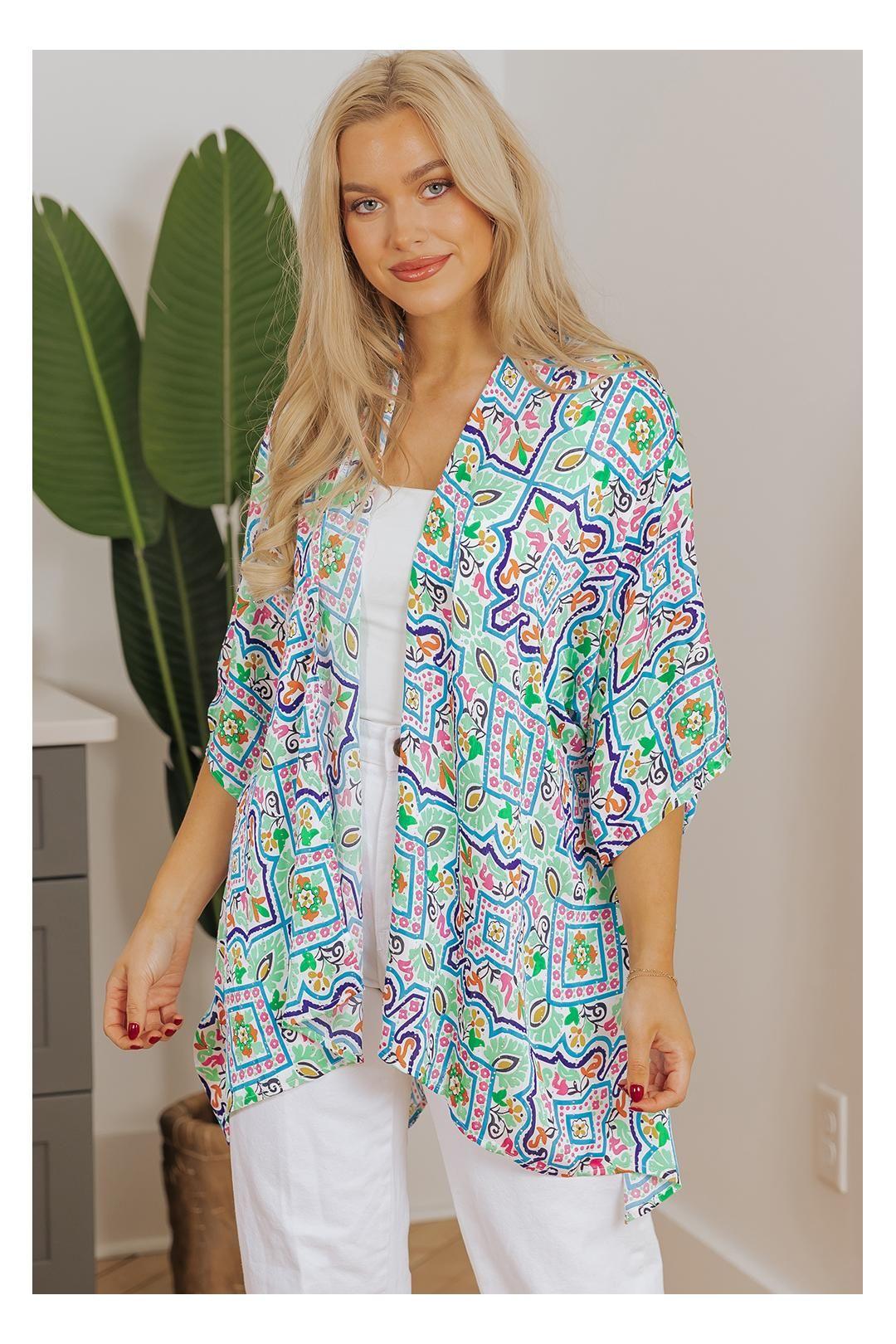 White Boho Floral Printed Rhinestone 3/4 Sleeve Open Front Kimono by EVERYDAY THE LABEL