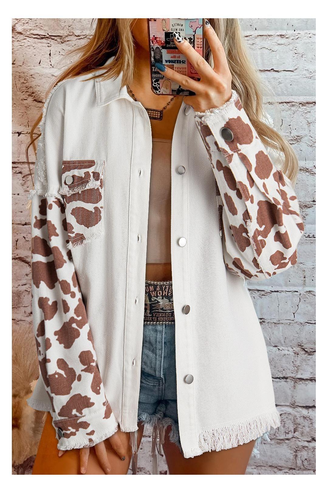 White Cow Spot Patchwork Flap Pocket Distressed Hem Long Denim Jacket by EVERYDAY THE LABEL