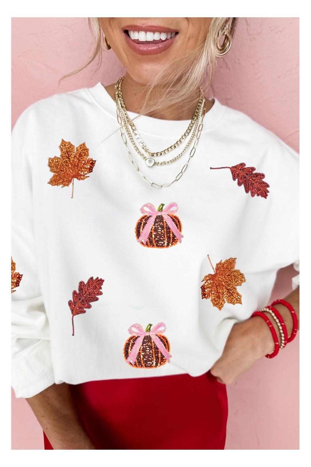 White Fall Leaf Bow Pumpkin Sequin Patched Baggy Sweatshirt by EVERYDAY THE LABEL