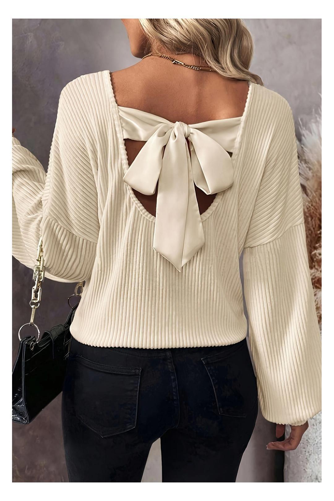 White Knot Back Drop Shoulder Ribbed Long Sleeve Blouse by EVERYDAY THE LABEL