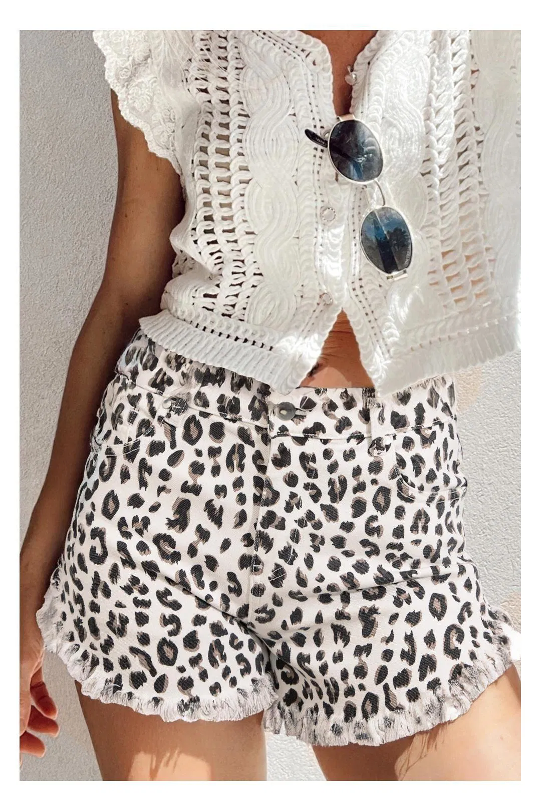 White Leopard Frayed Hem Denim Shorts by EVERYDAY THE LABEL