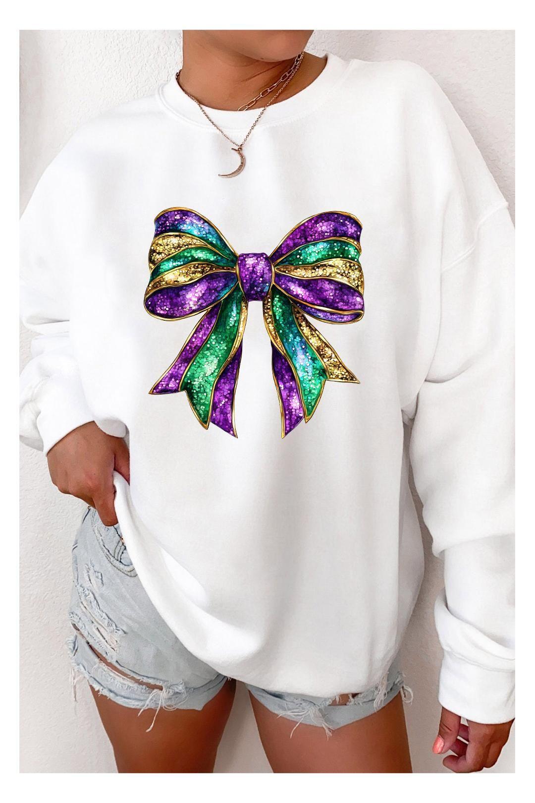 White Mardi Gras Bow Graphic Drop Shoulder Sweatshirt by EVERYDAY THE LABEL