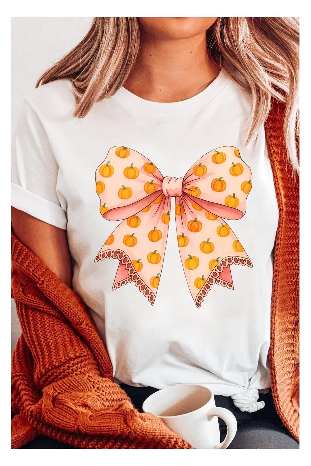 White Pumpkin Bow Print Thanksgiving T Shirt by EVERYDAY THE LABEL White Pumpkin Bow Print Thanksgiving T Shirt by EVERYDAY THE LABEL