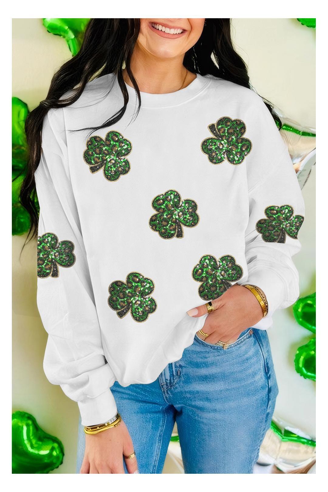 White Sequin Clover Patched Pattern St Patrick Pullover Sweatshirt by EVERYDAY THE LABEL