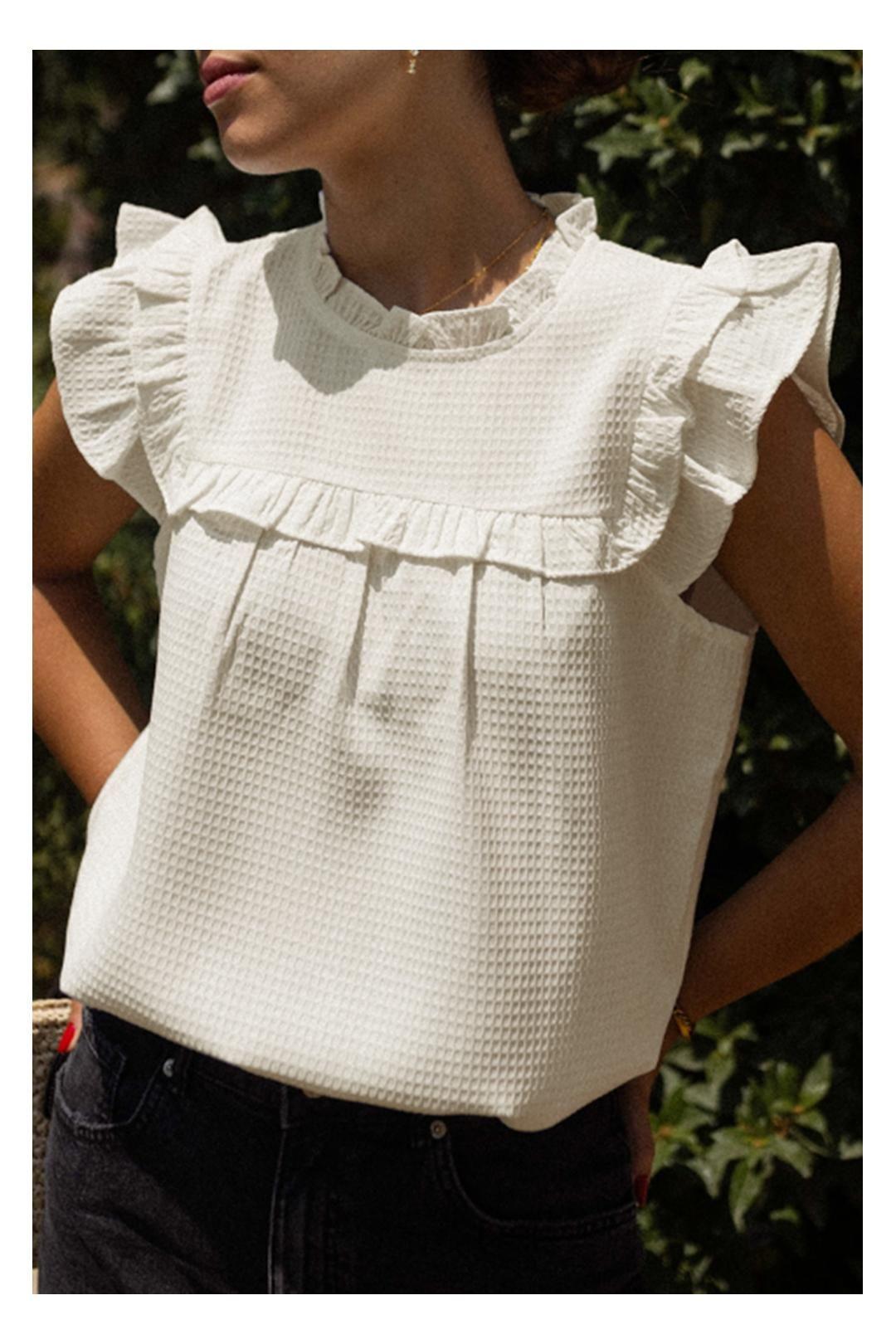 White Solid Color Ruffle Trim Waffle Knit Blouse by EVERYDAY THE LABEL
