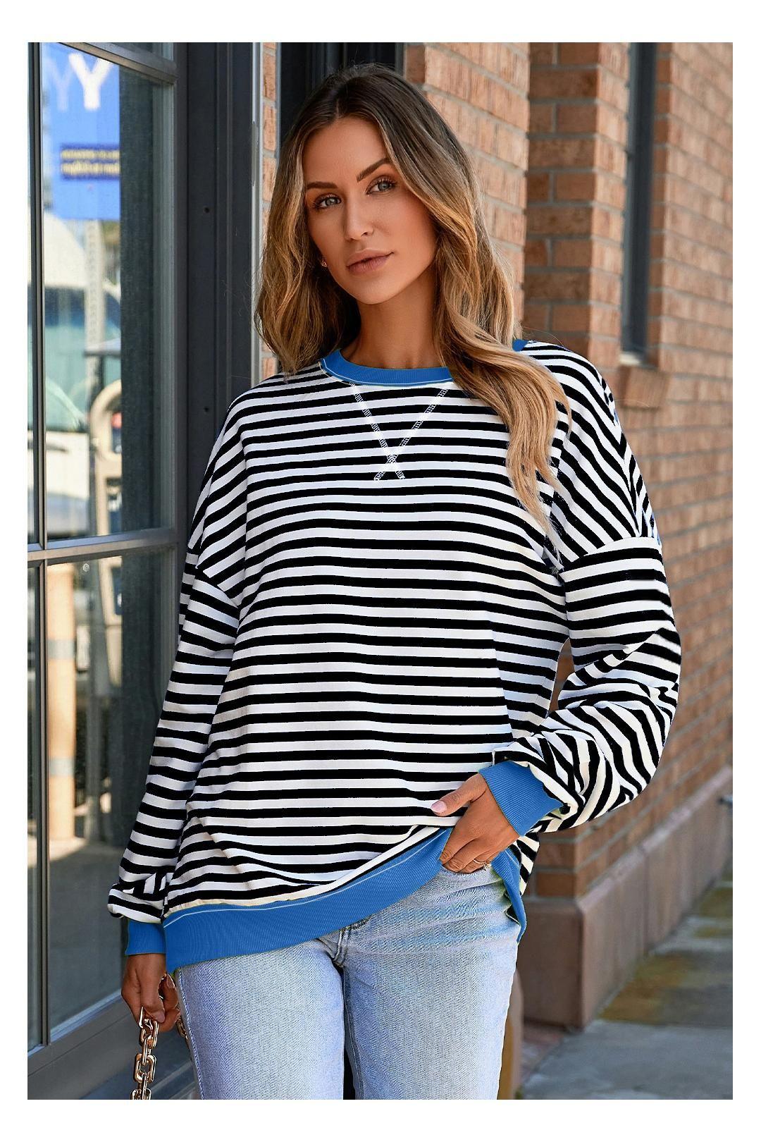 White Stripe Striped Contrast Ribbed Trim Crossed Stitch Drop Shoulder by EVERYDAY THE LABEL