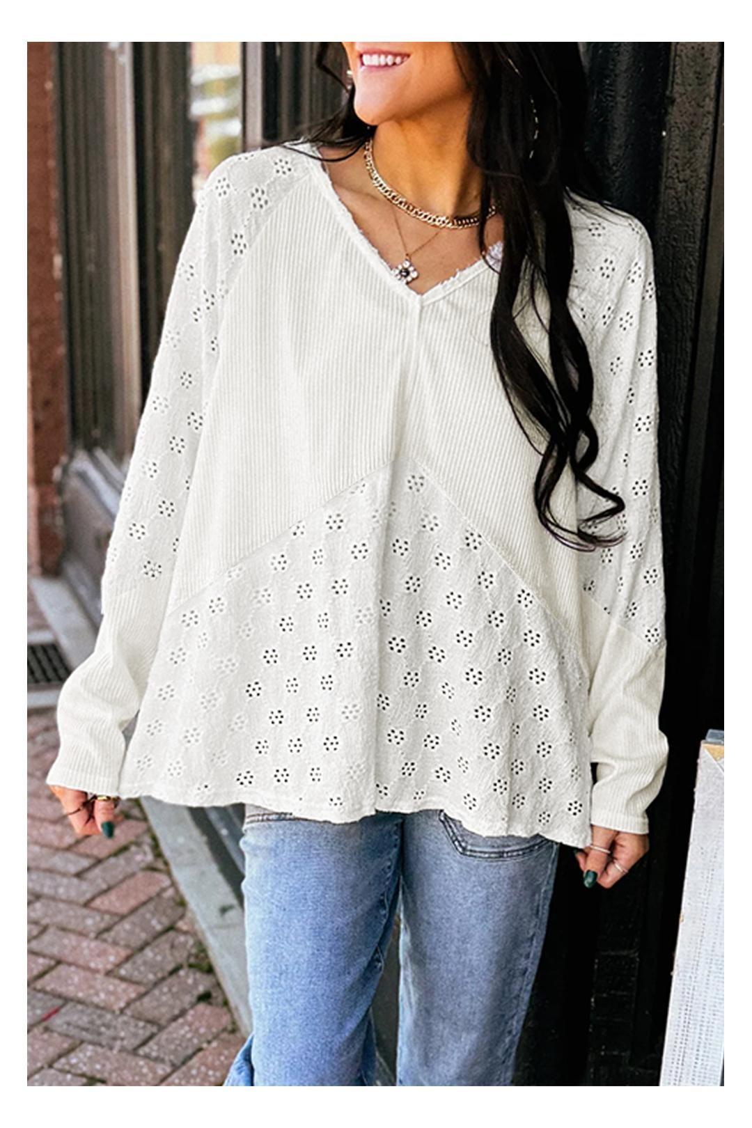 White Twisted Rib Patchwork Embroidered Loose V Neck Long Sleeve Top by EVERYDAY THE LABEL