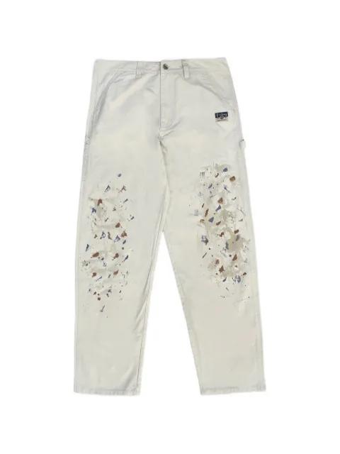 Seagull-print paint-splatter trousers by EVISU