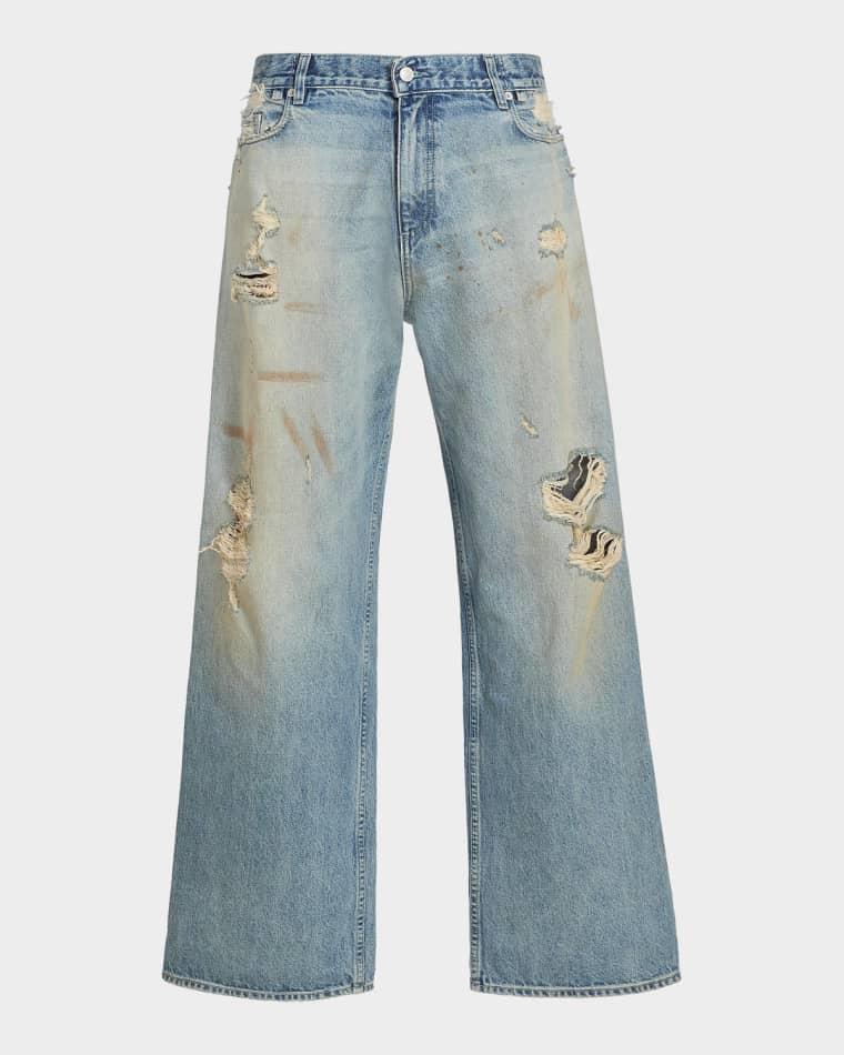 Men's Distressed Straight-Leg Baggy Denim Jeans by EZR