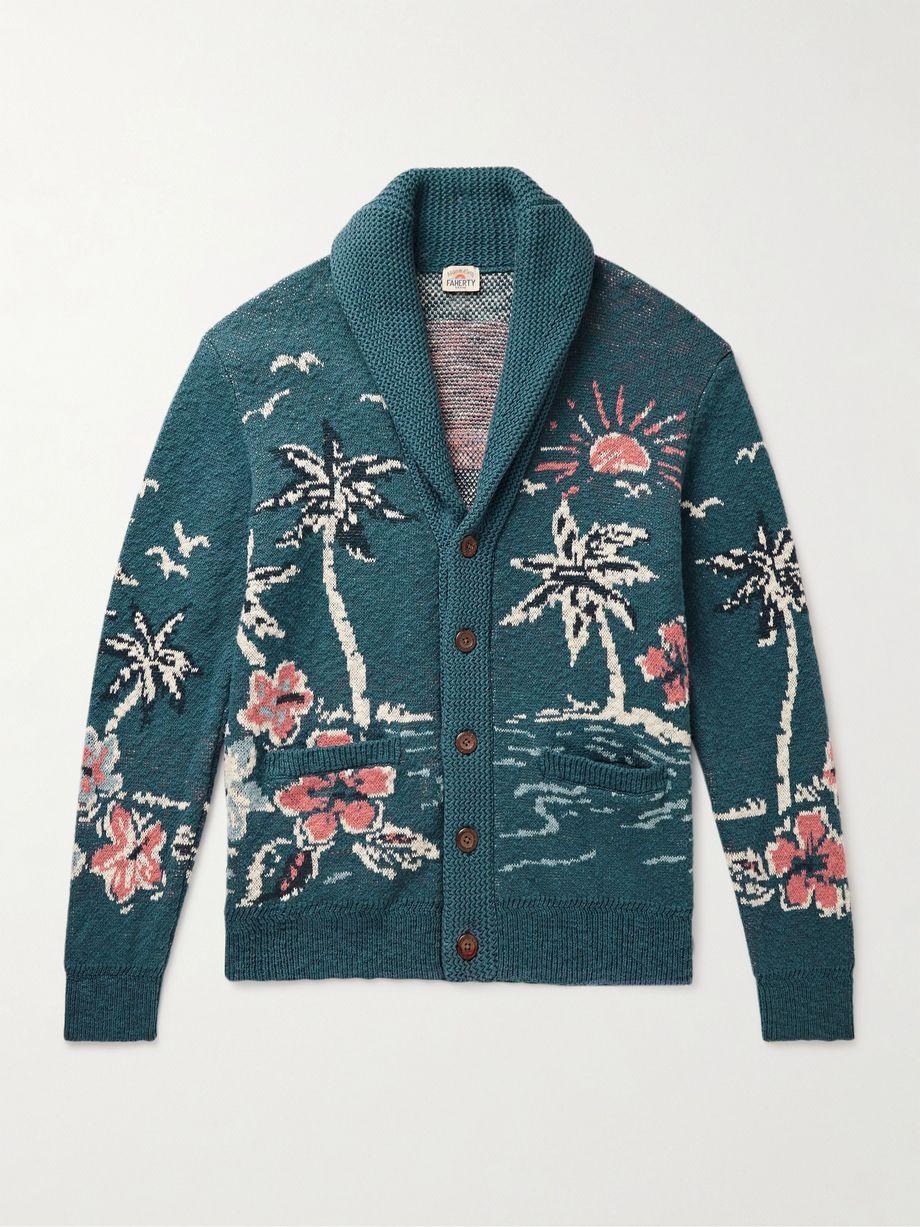 Offshore Swell Shawl-Collar Jacquard-Knit Organic Cotton Cardigan by FAHERTY