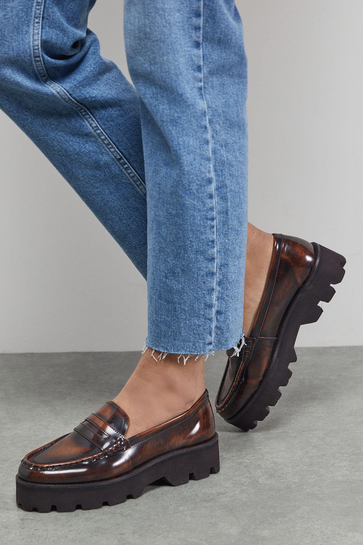 Faith: Beatie Rub Off Leather Penny Chunky Creeper Loafers by FAITH