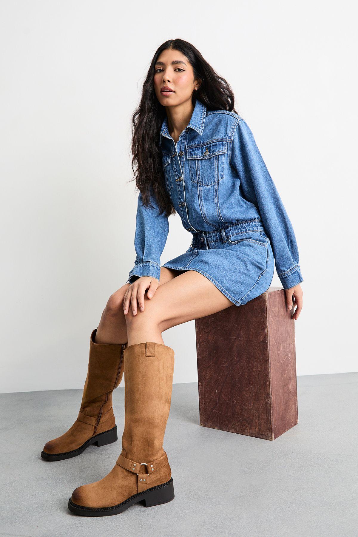Faith: Bia Faux Suede Knee High Biker Boots by FAITH