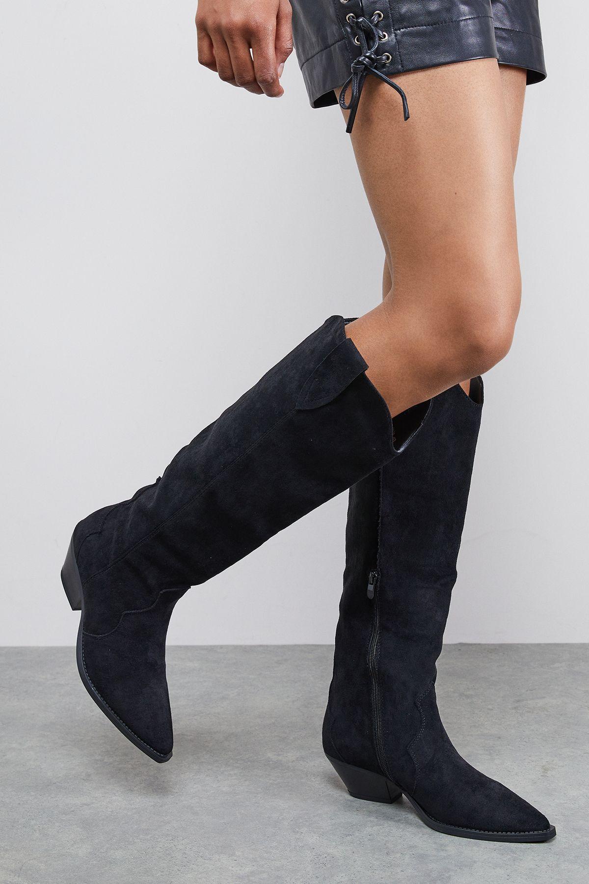 Faith: Cali Faux Suede Low Heel Western Knee Boots by FAITH