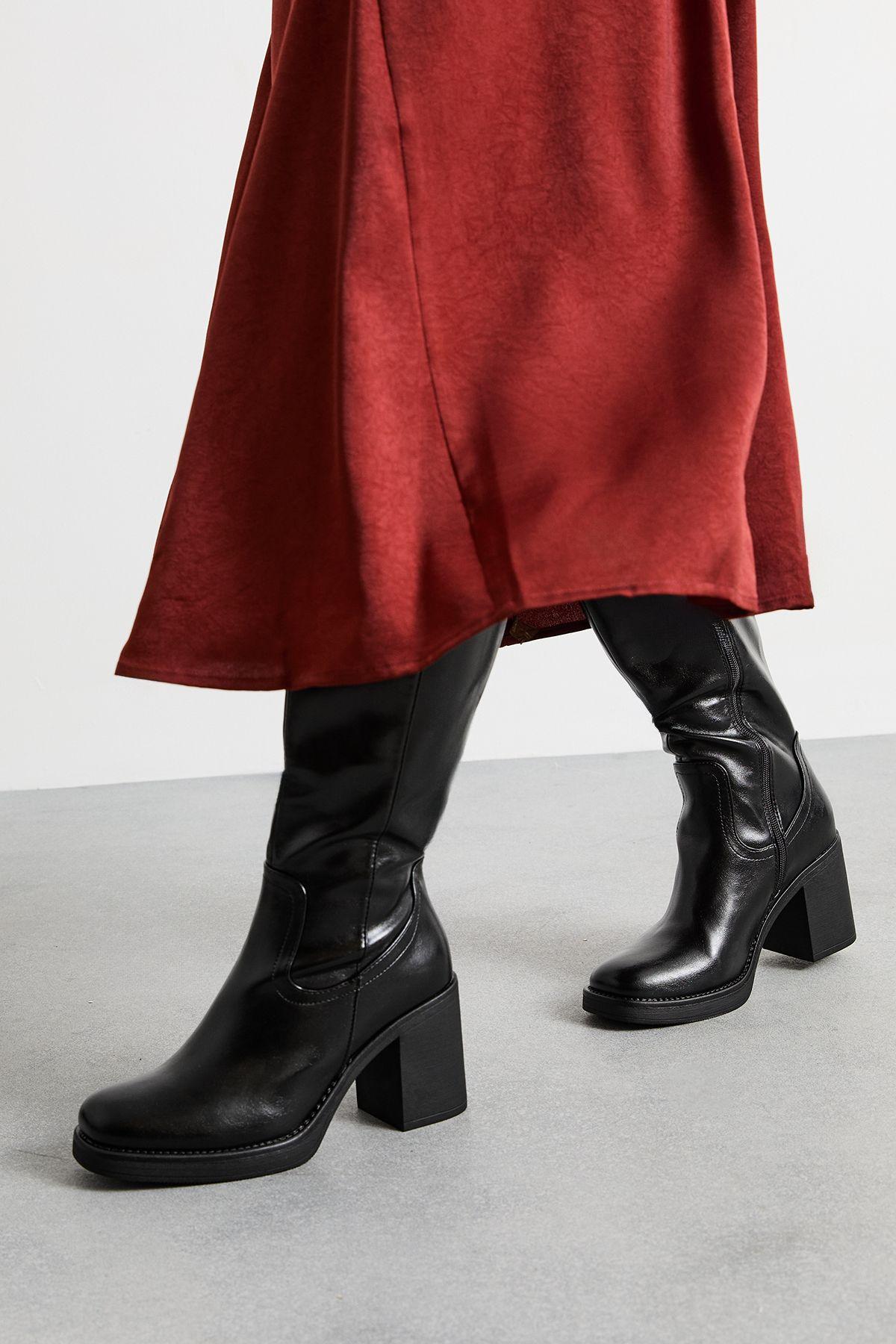 Faith: Carlie Faux Leather High Block Heel Platform Knee Boots by FAITH
