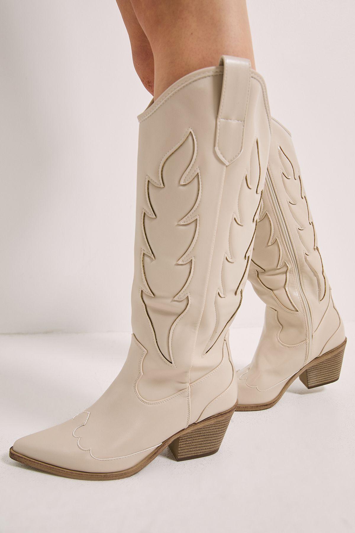 Faith: Issy Faux Leather Detailed Western Cowboy Calf Boots by FAITH
