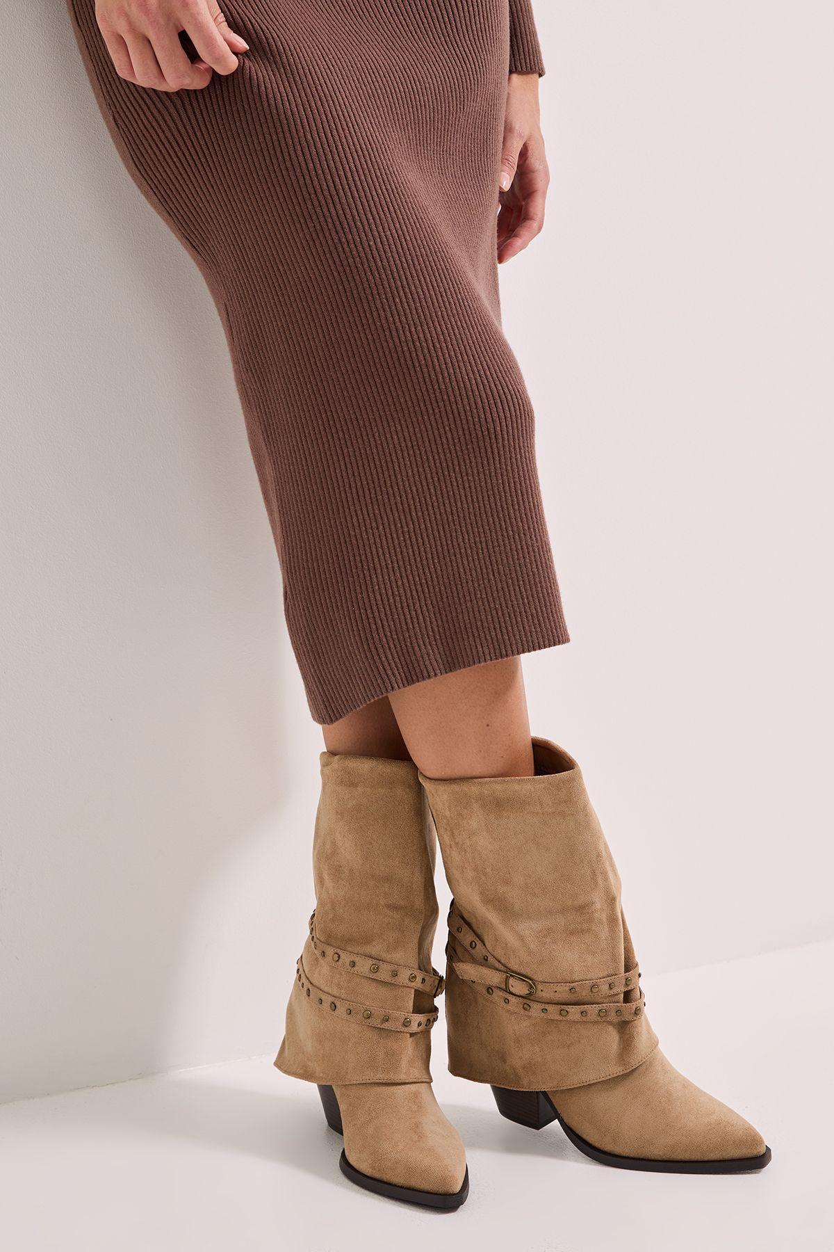 Faith: Ruby Faux Suede Buckle And Stud Detail Western Cowboy Calf Boots by FAITH Faith: Ruby Faux Suede Buckle And Stud Detail Western Cowboy Calf Boots by FAITH