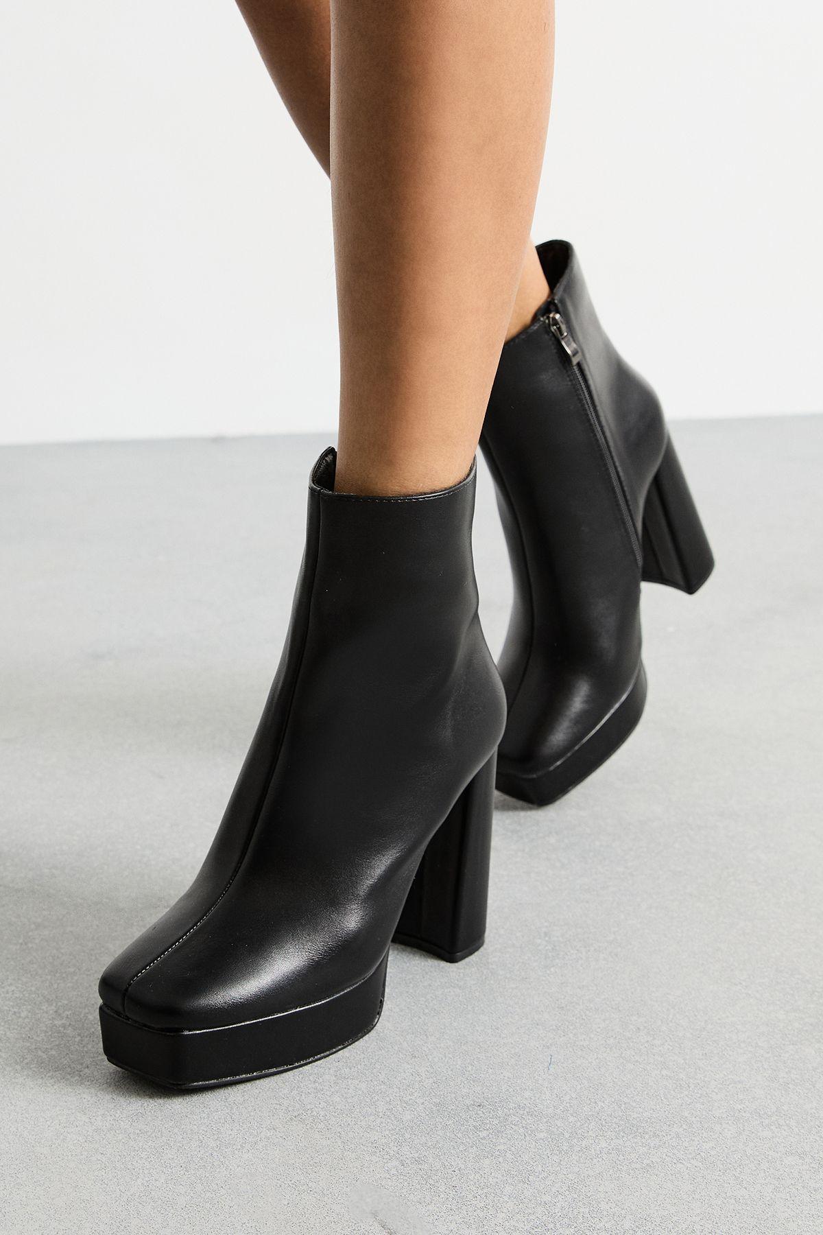 Faith: Sidnie Faux Leather High block Heel Platform Ankle Boots by FAITH