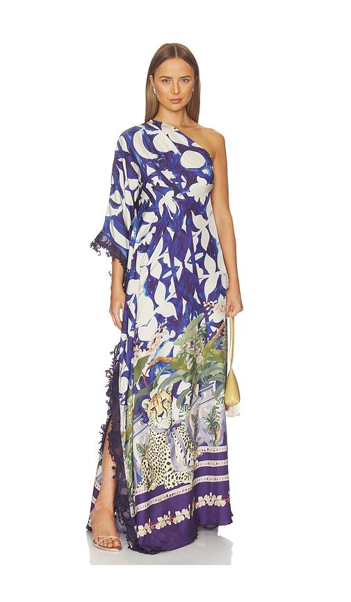 Falguni Shane Peacock Chateau Cheetah Print Kaftan With Lace Trim in Navy by FALGUNI SHANE PEACOCK