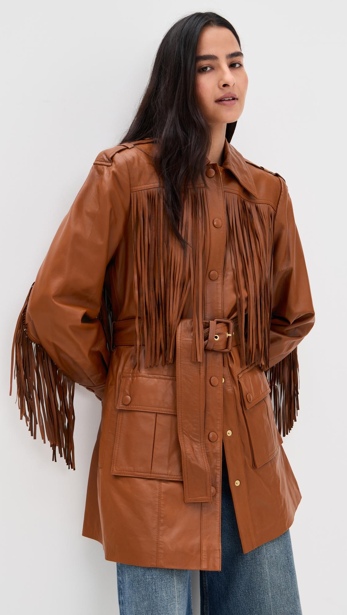 Brown Fringe Leather Coat by FARM RIO
