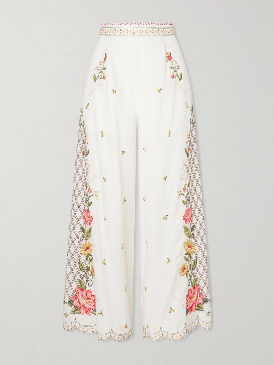 Embroidered linen-blend wide-leg pants by FARM RIO