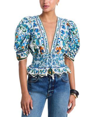 Flora Tile Plunging Neck Blouse by FARM RIO