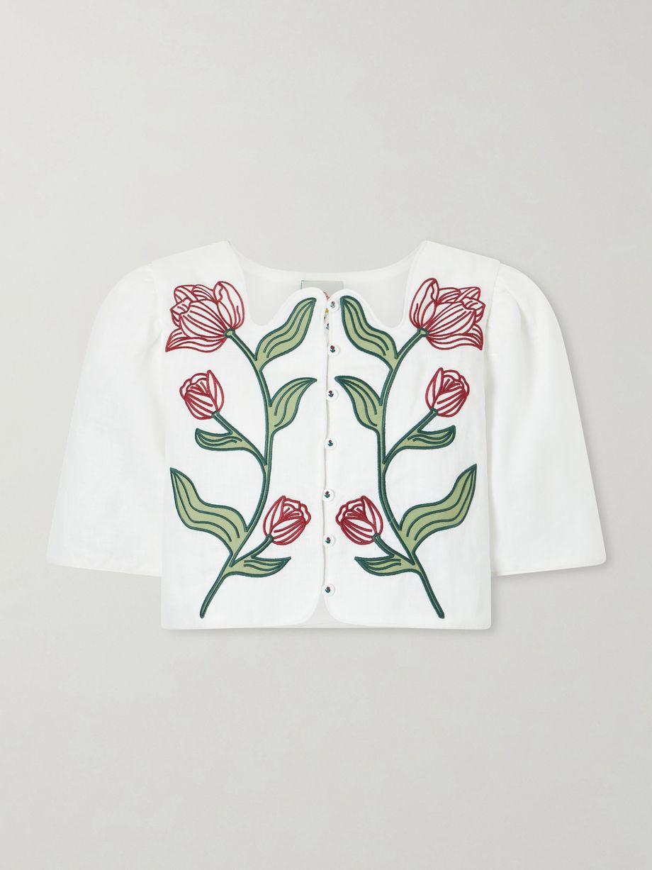 Floral-embroidered cropped linen top by FARM RIO