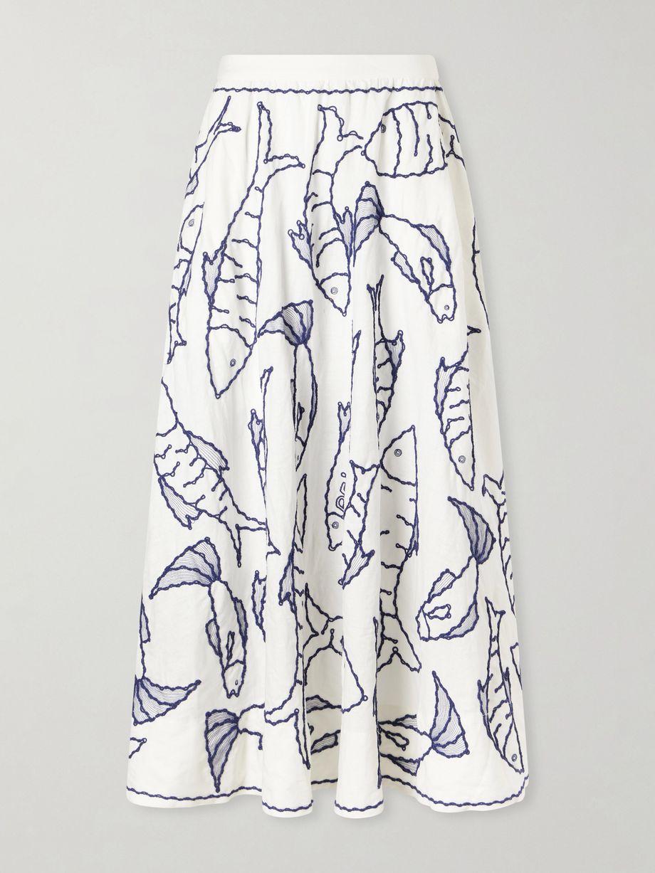 Fresh Fish embroidered linen-blend midi skirt by FARM RIO