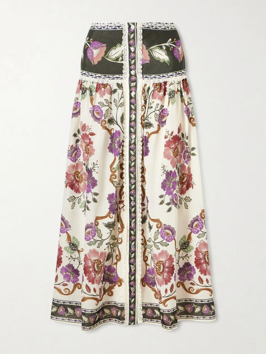 Rococo Flowers lace-trimmed printed cotton-blend midi skirt by FARM RIO