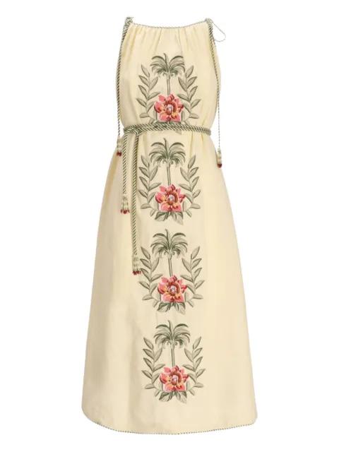 Sand Tropical Flower embroidered midi dress by FARM RIO