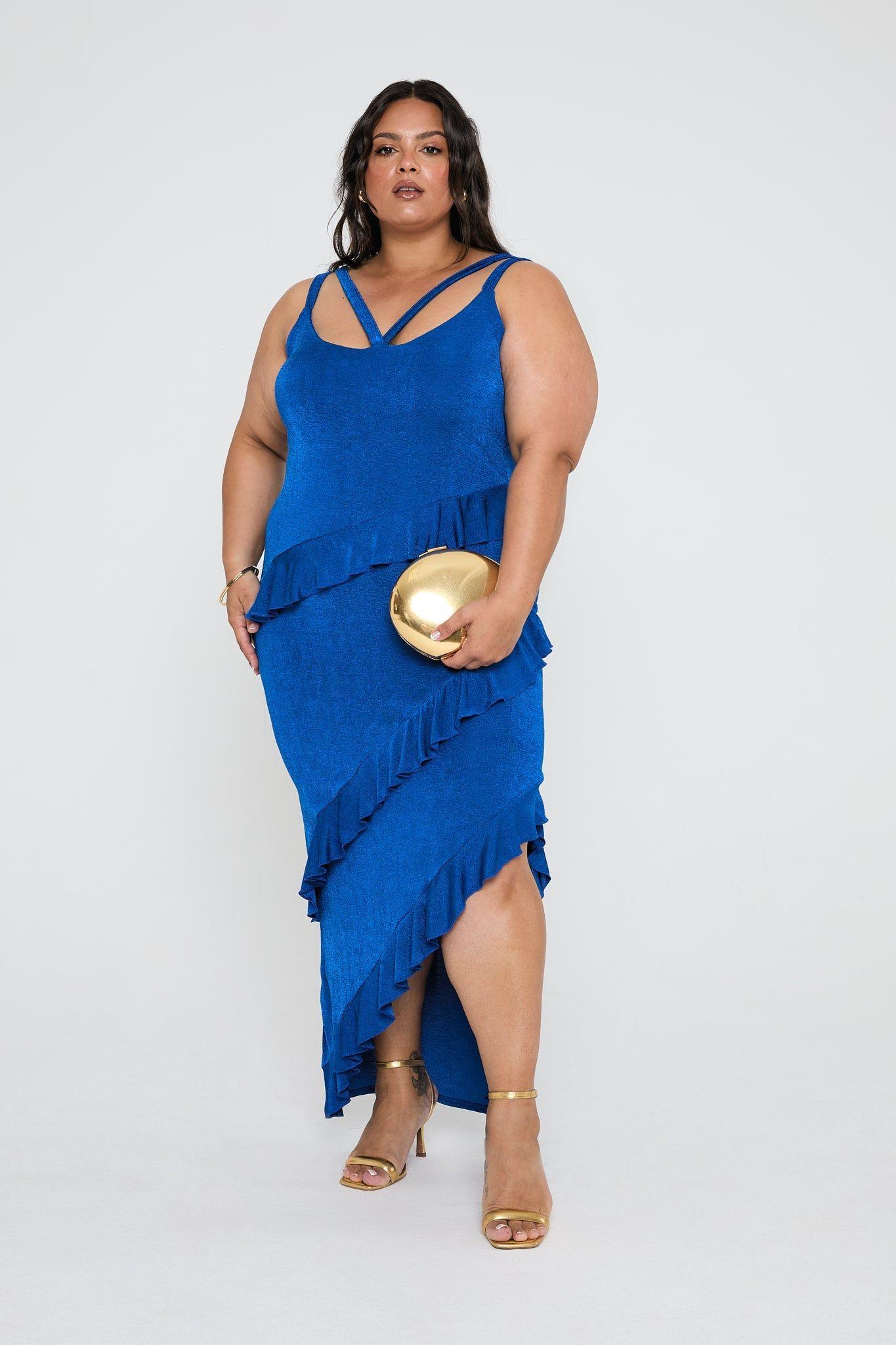 Bright Blue Cross Strap Ruffle Maxi Dress for Stylish Summer Evenings by FASHION-SZN