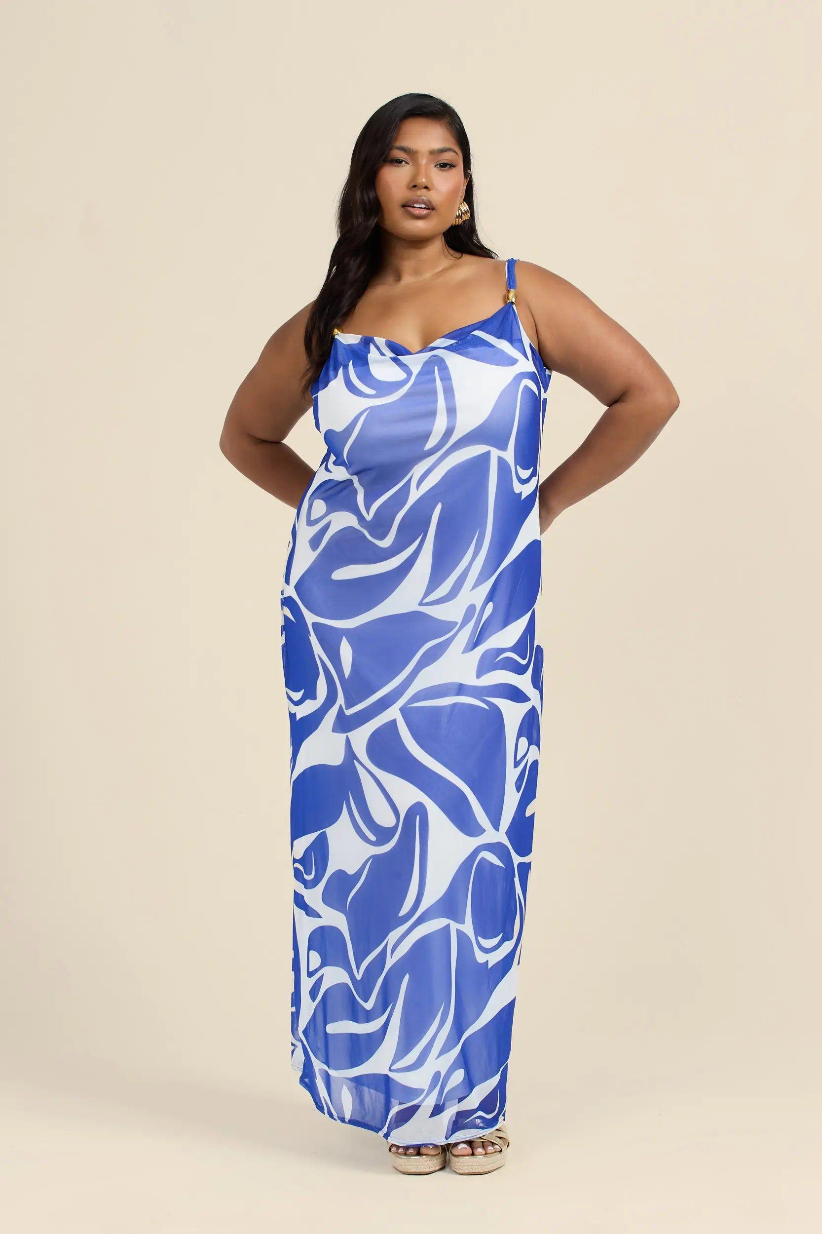 Curve Abstract Print Gold Trim Cowl Neck Maxi Dress by FASHION-SZN