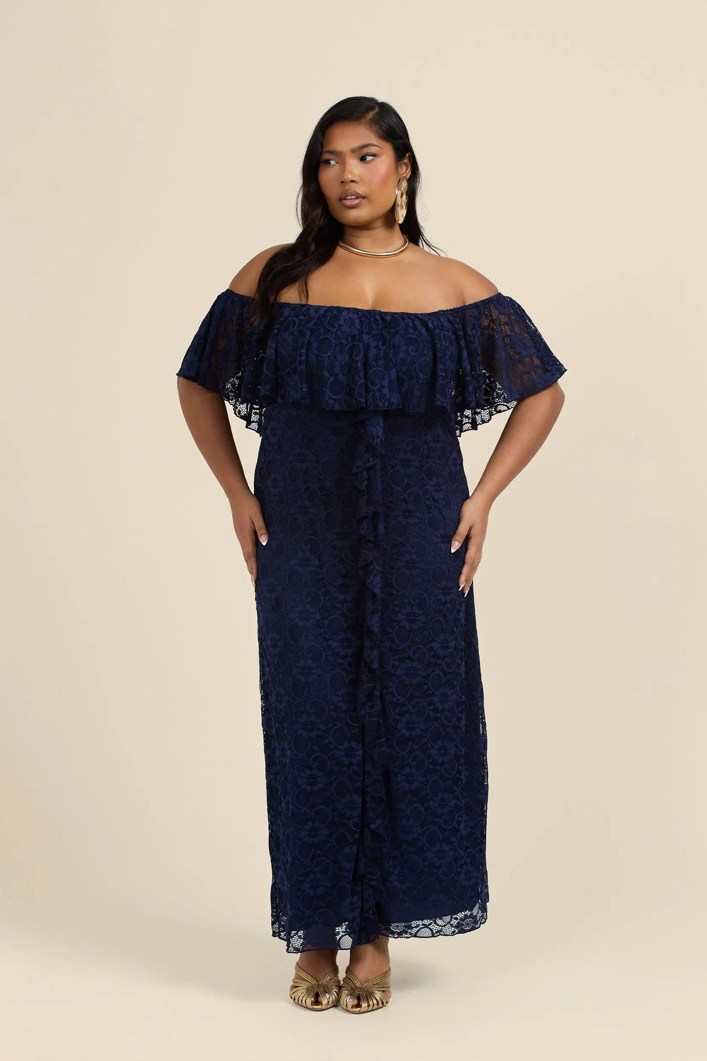 Curve All Over Lace Bardot Midaxi Dress by FASHION-SZN Curve All Over Lace Bardot Midaxi Dress by FASHION-SZN