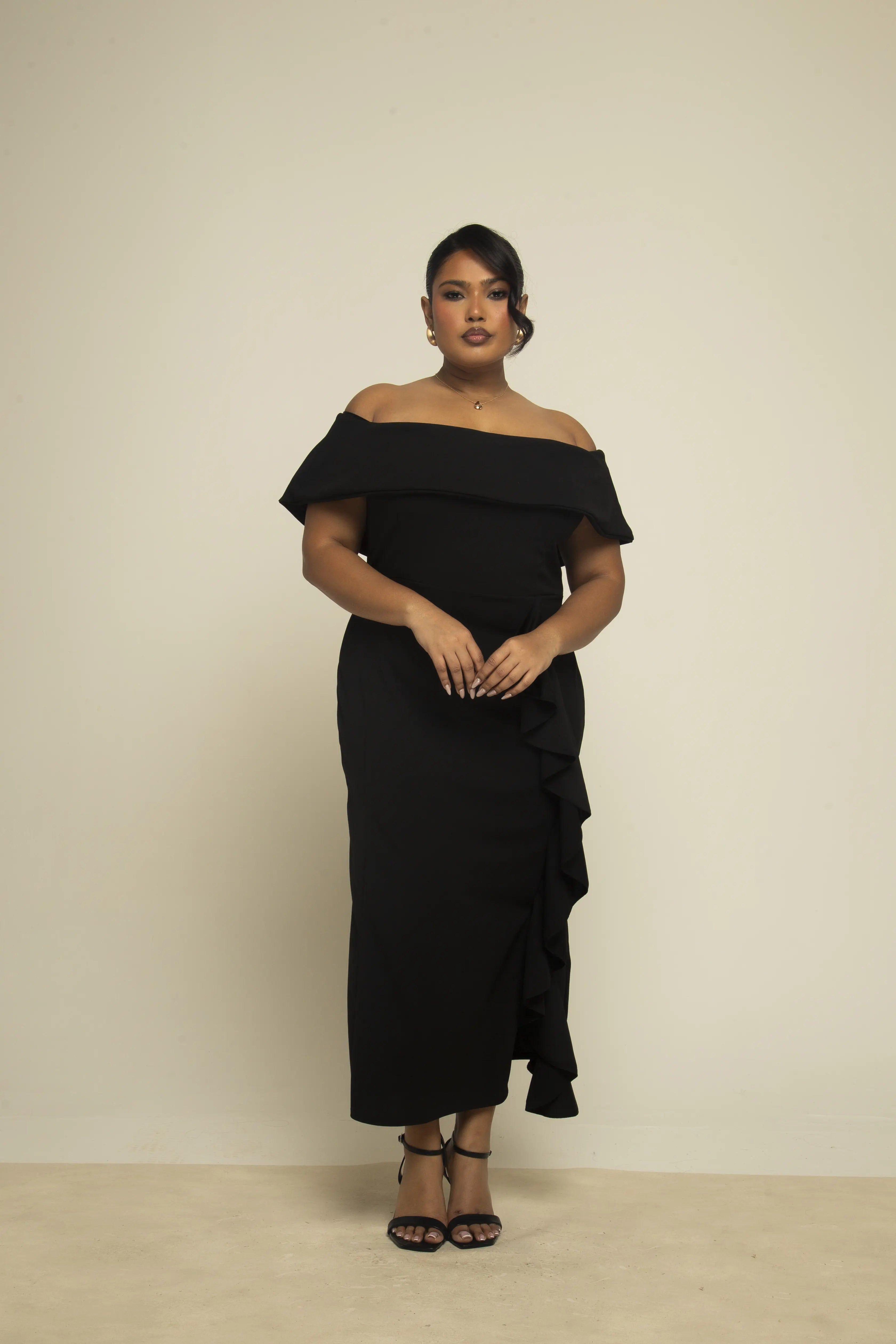 Curve Bardot Fold Over Scuba Crepe Ruffle Midaxi Dress by FASHION-SZN