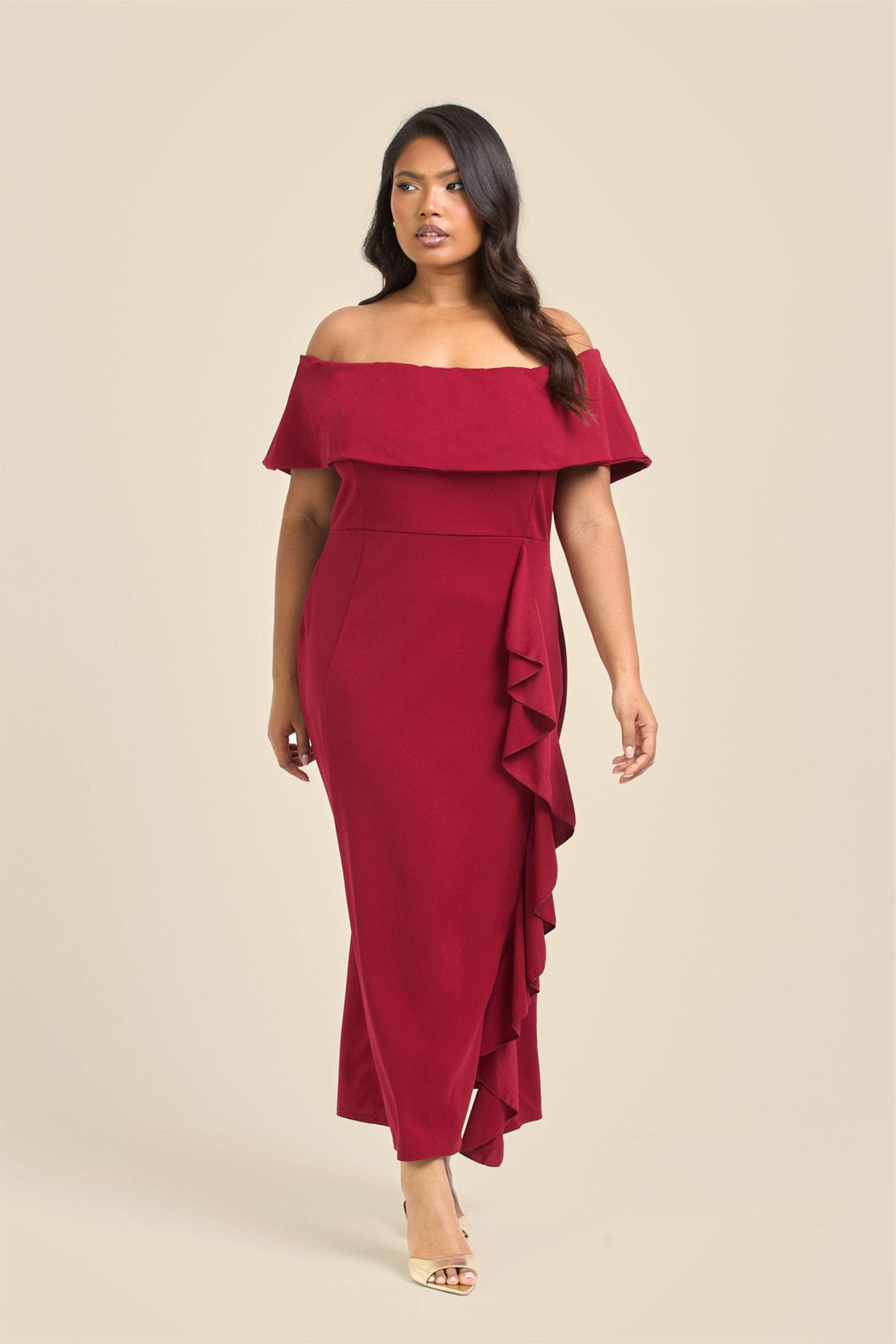 Curve Bardot Frill Scuba Midi Dress by FASHION-SZN