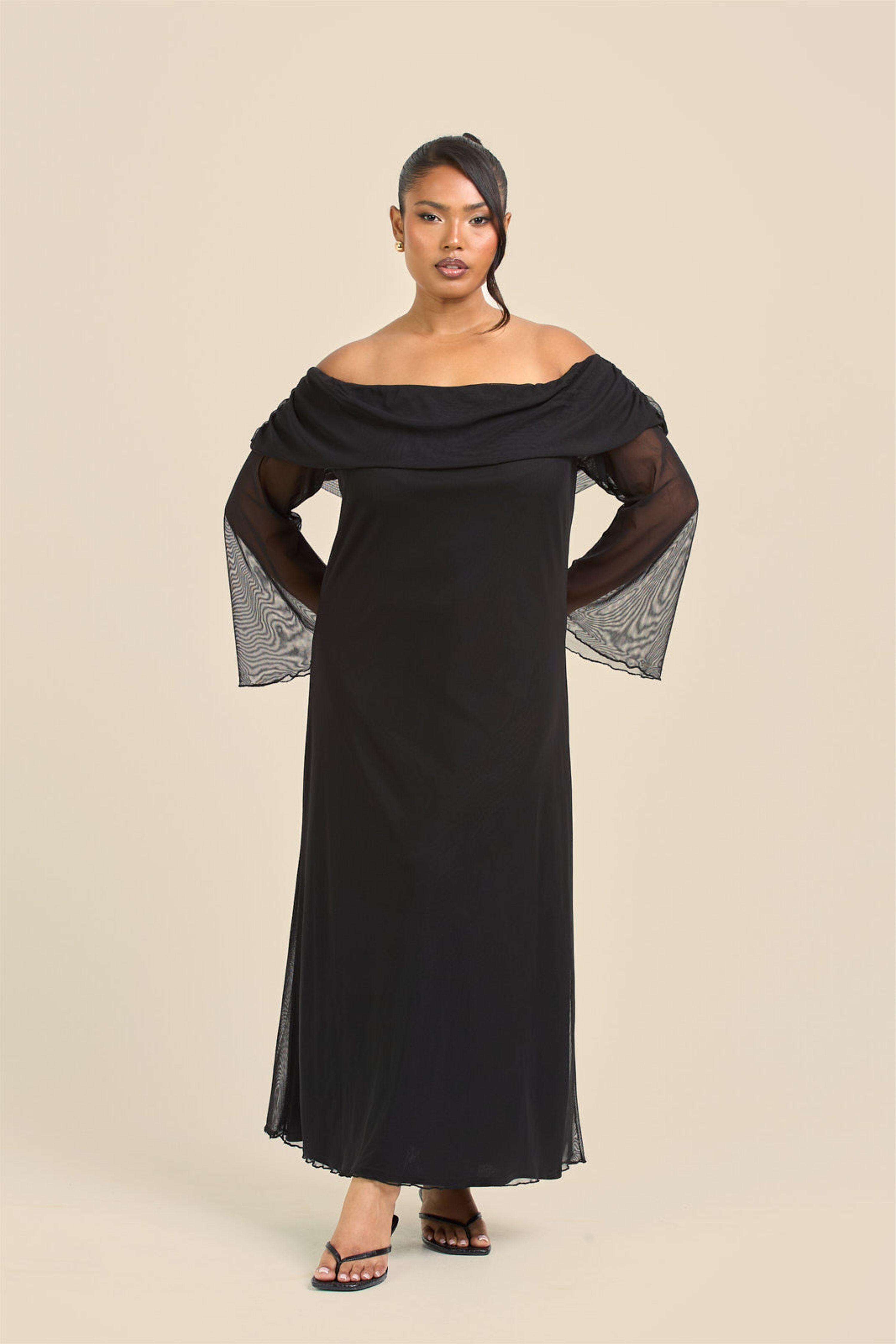 Curve Bardot Plain Mesh Midaxi Dress by FASHION-SZN