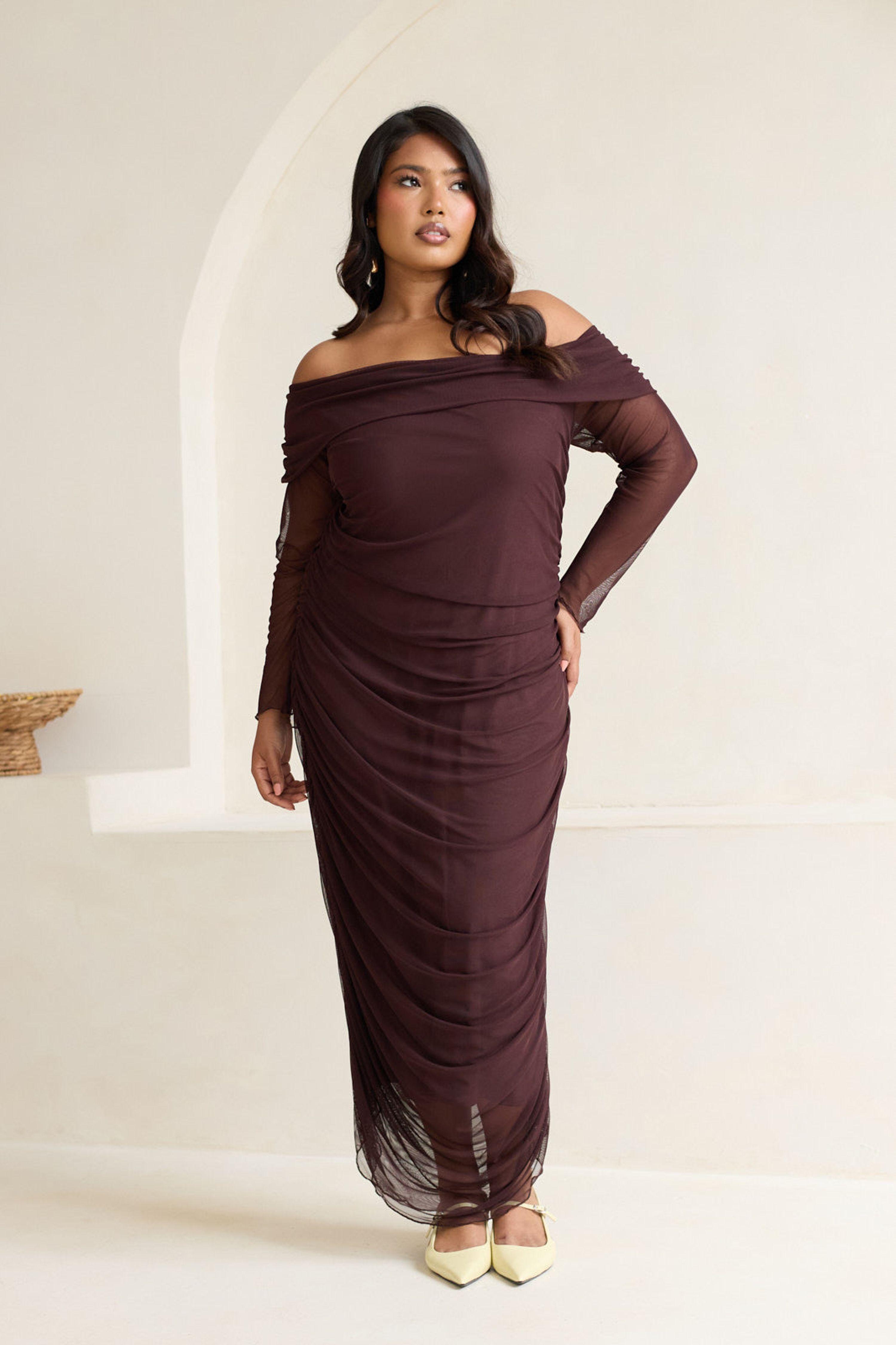 Curve Bardot Ruched Mesh Midaxi Dress by FASHION-SZN