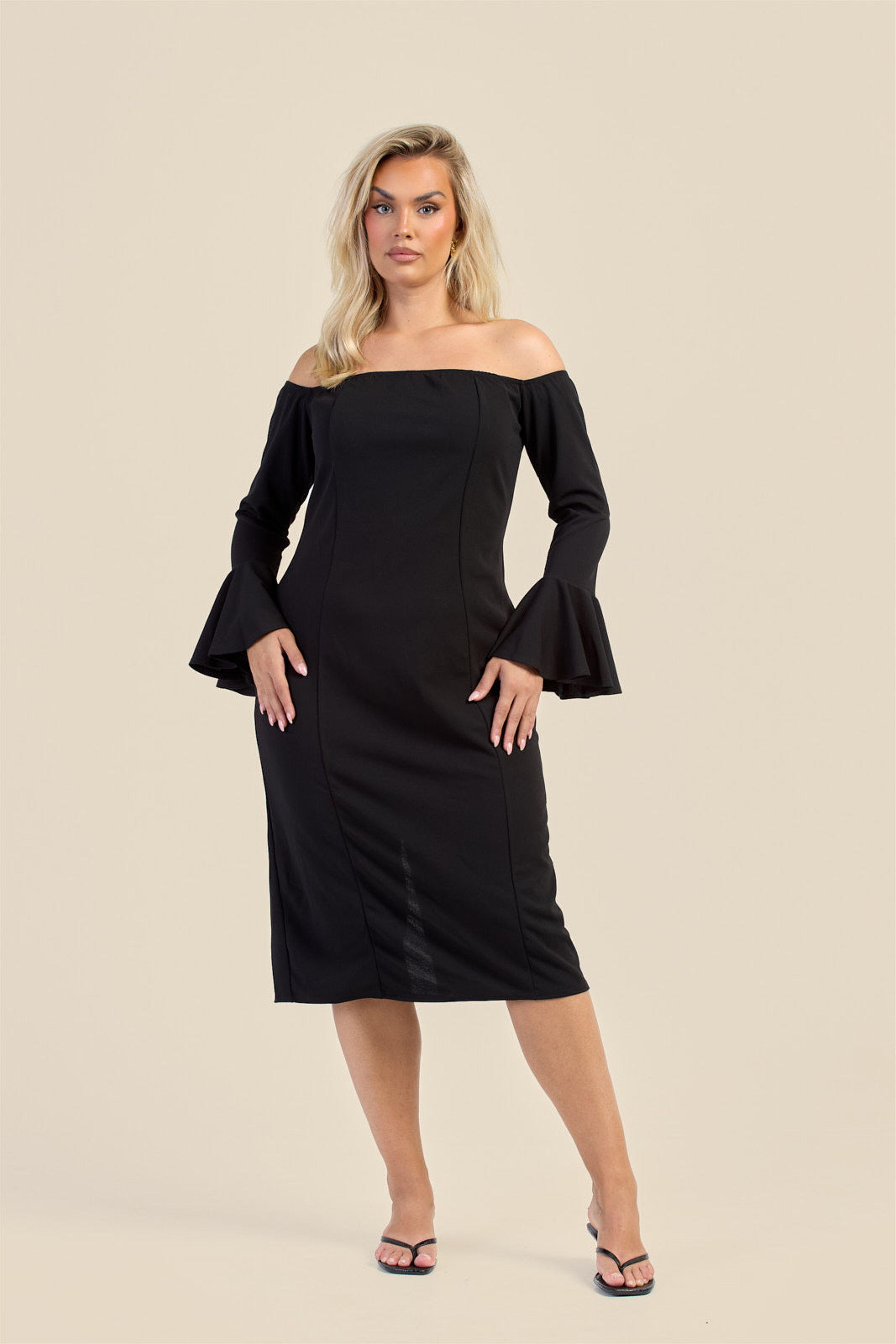 Curve Bardot Ruffle Sleeve Scuba Midi Dress by FASHION-SZN Curve Bardot Ruffle Sleeve Scuba Midi Dress by FASHION-SZN