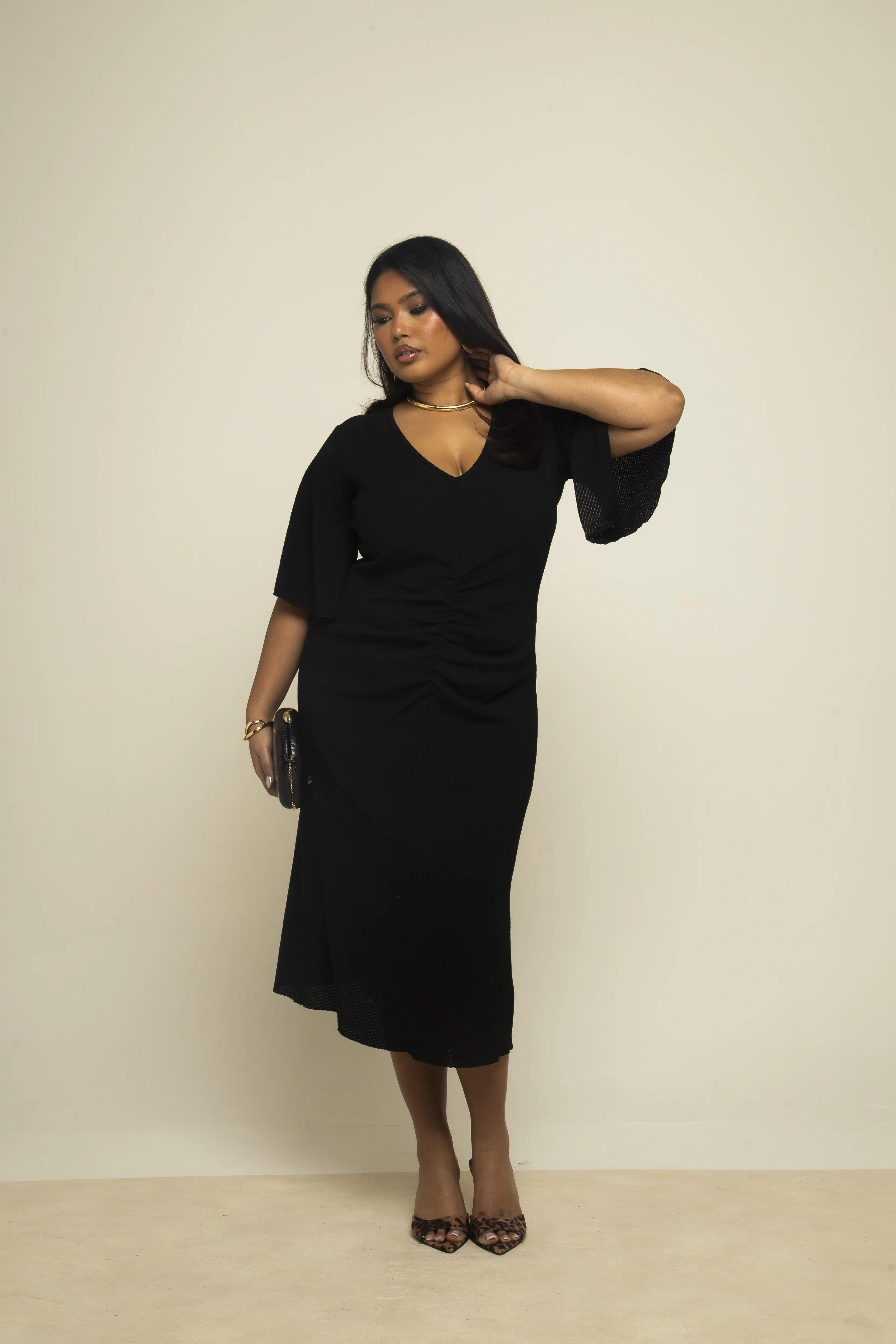 Curve Black Textured Flutter Sleeve Ruched Front Midi Dress by FASHION-SZN