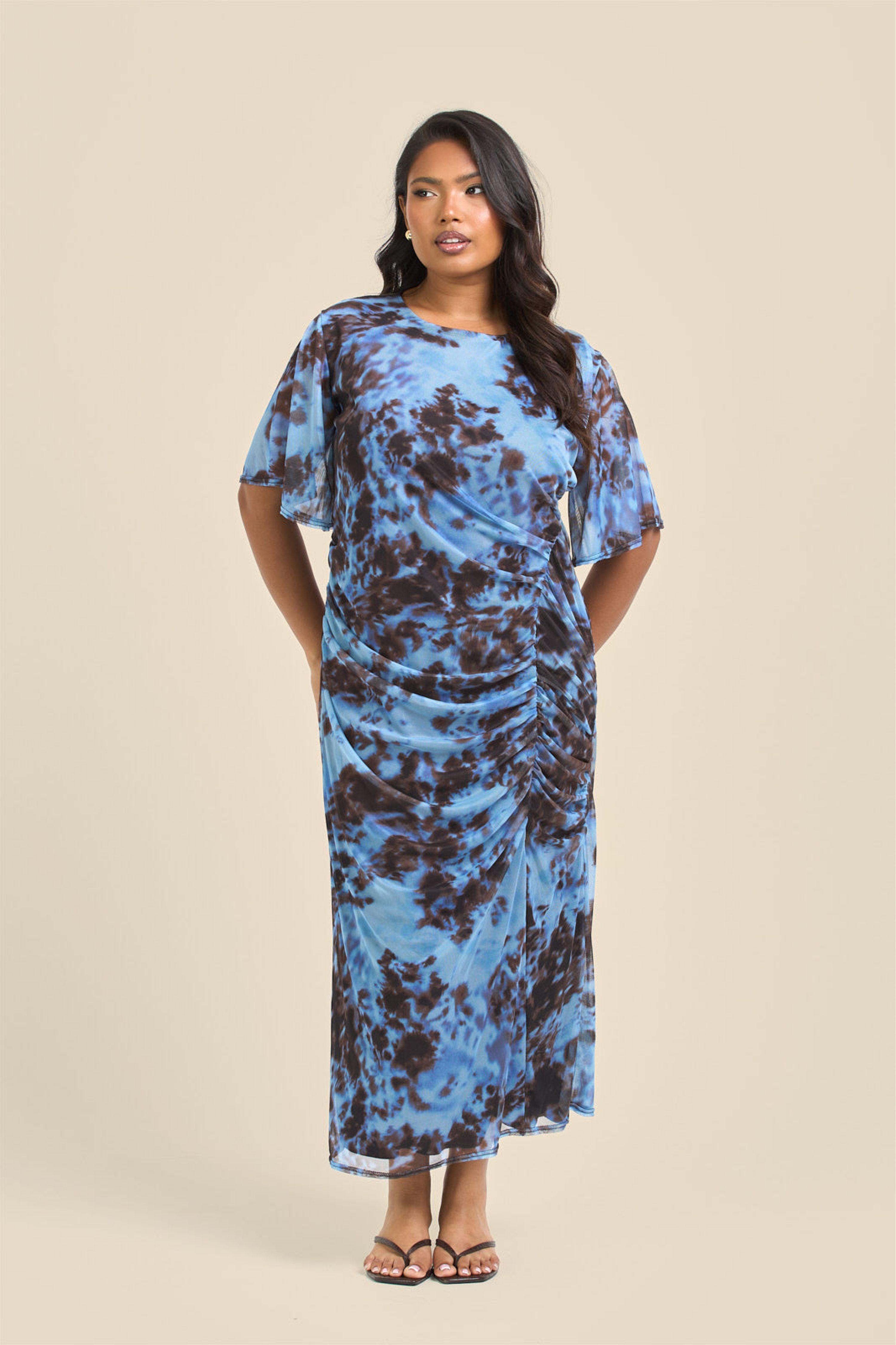 Curve Blue Abstract Print Flutter Sleeve Ruched Midi Dress by FASHION-SZN