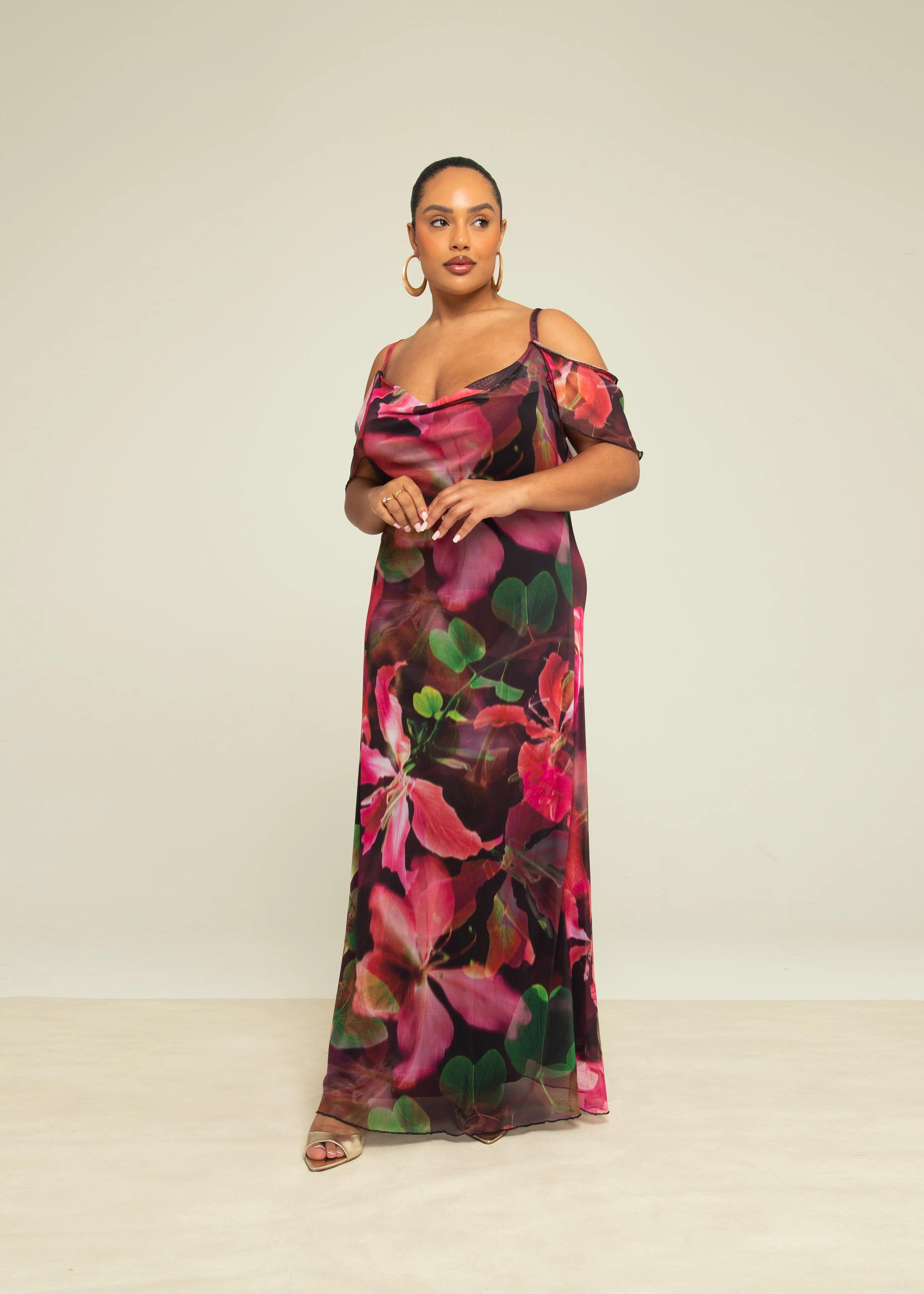 Curve Bold Floral Print Cold Shoulder Mesh Maxi Dress by FASHION-SZN