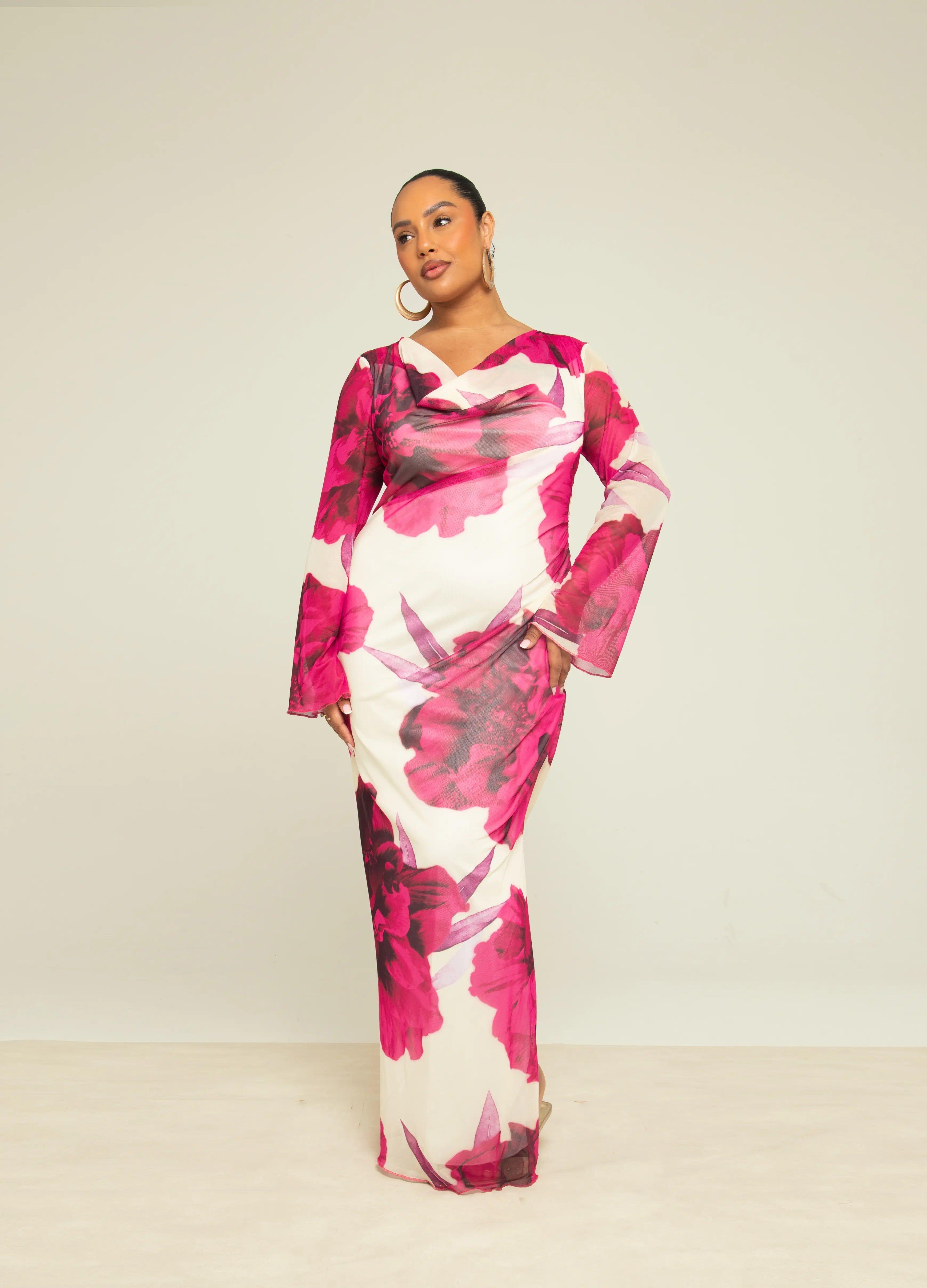 Curve Bold Floral Print Cowl Neck Maxi Dress by FASHION-SZN