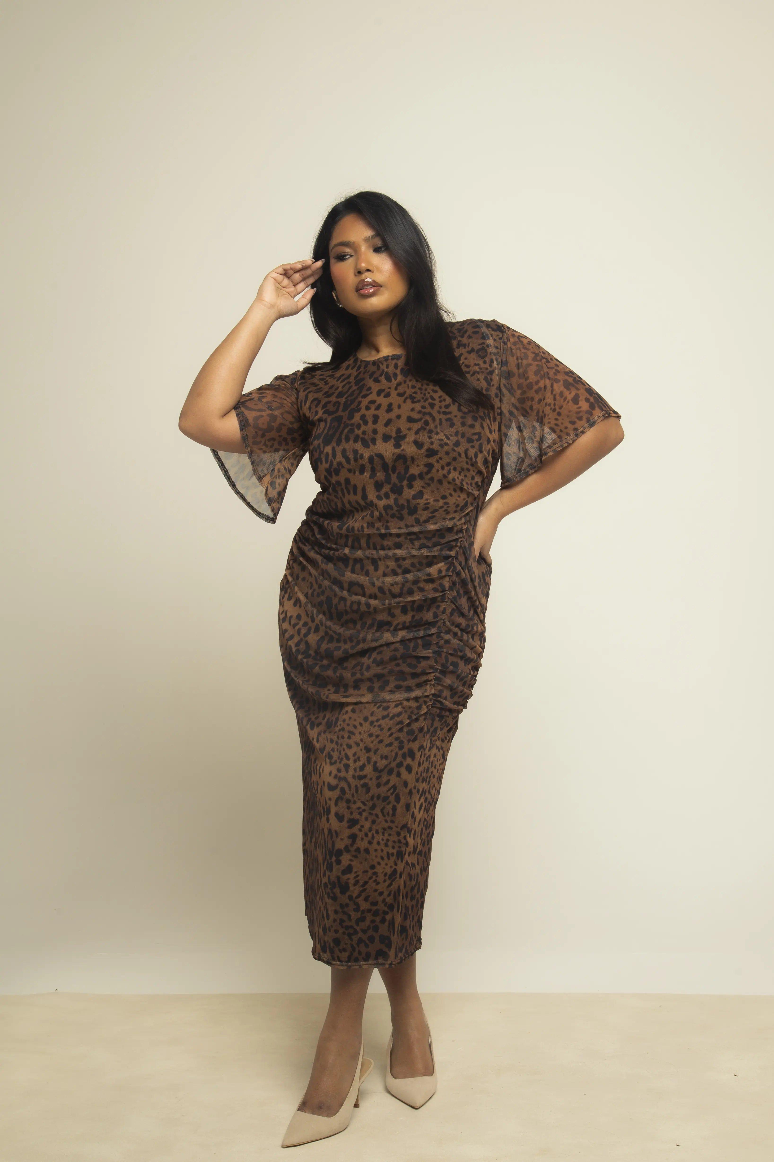 Curve Brown Leopard Print Flutter Sleeve Ruched Midi Dress by FASHION-SZN