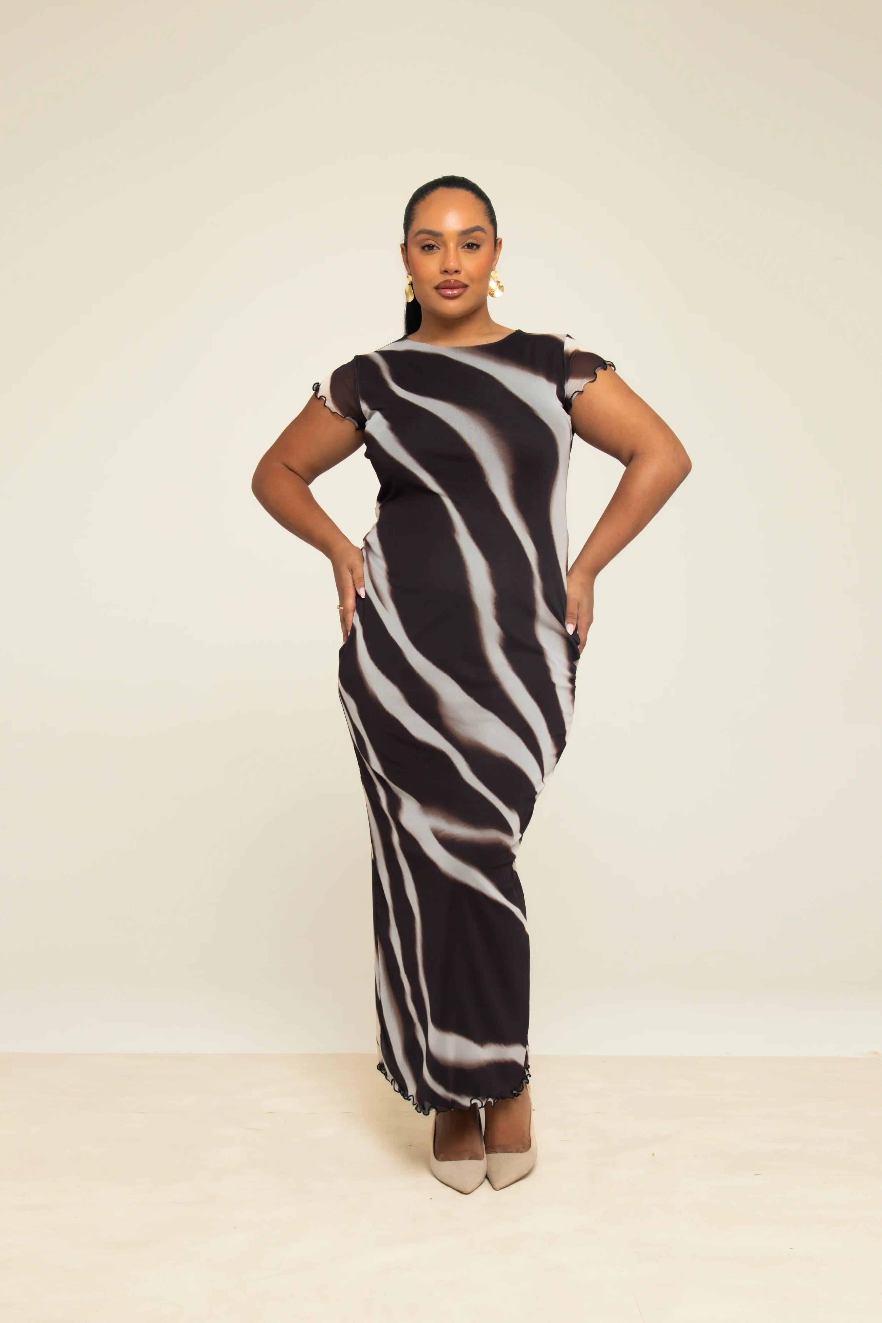 Curve Capped Sleeve Zebra Monochrome Print Mesh Midaxi Dress by FASHION-SZN Curve Capped Sleeve Zebra Monochrome Print Mesh Midaxi Dress by FASHION-SZN