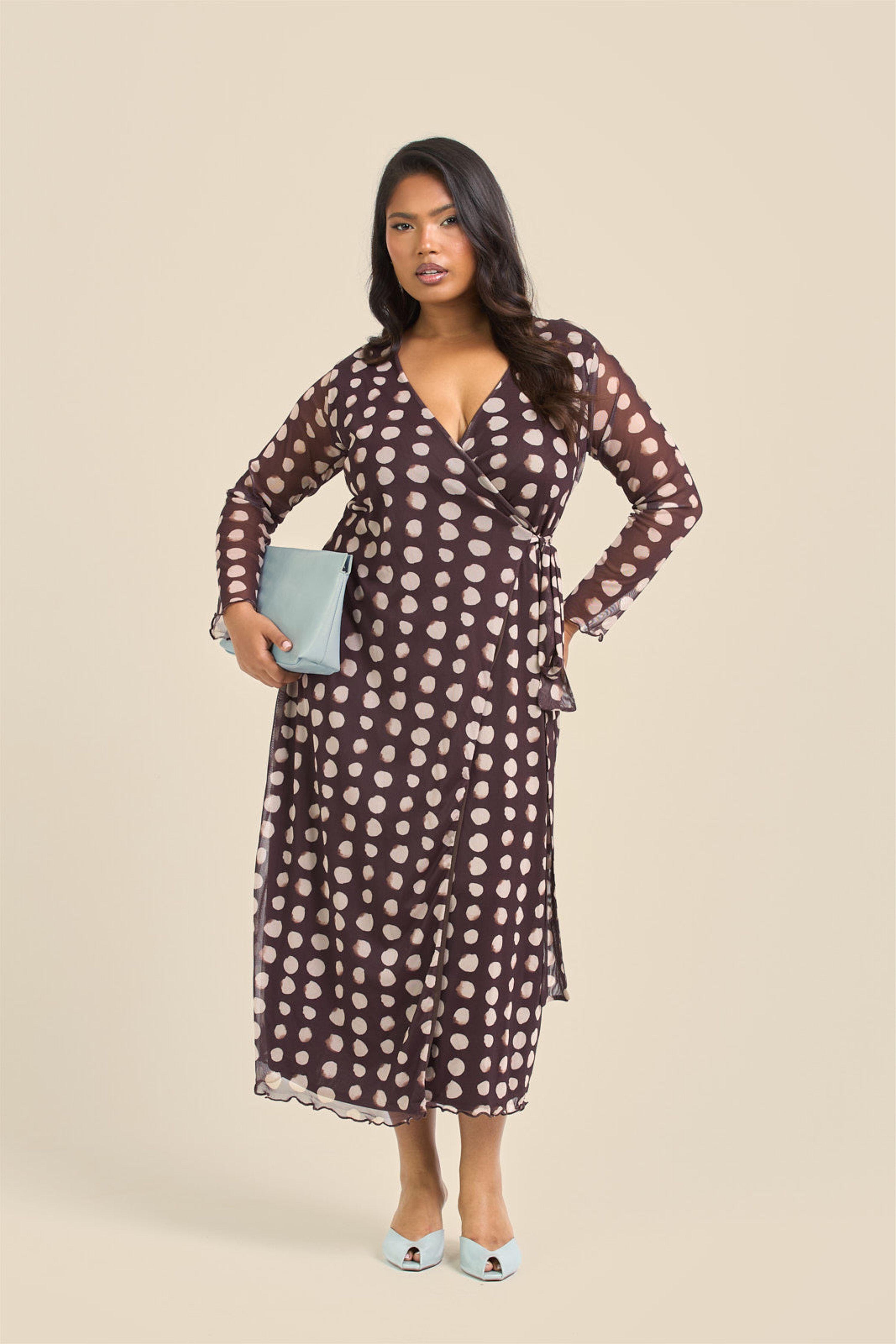 Curve Chocolate Polka Dot Wrap Over Tie Side Midaxi Dress by FASHION-SZN Curve Chocolate Polka Dot Wrap Over Tie Side Midaxi Dress by FASHION-SZN