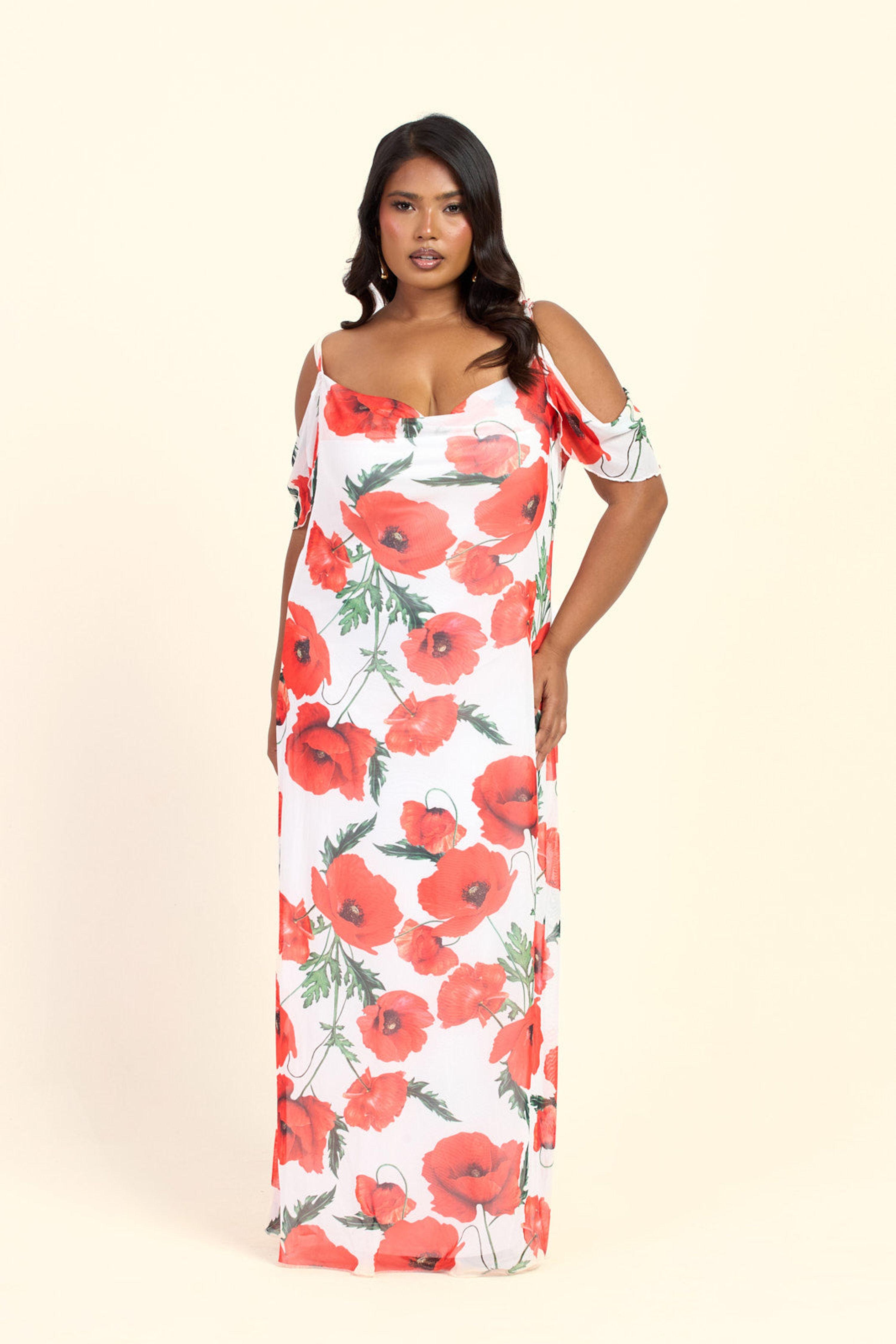 Curve Cold Shoulder Poppy Print Strappy Maxi Dress by FASHION-SZN