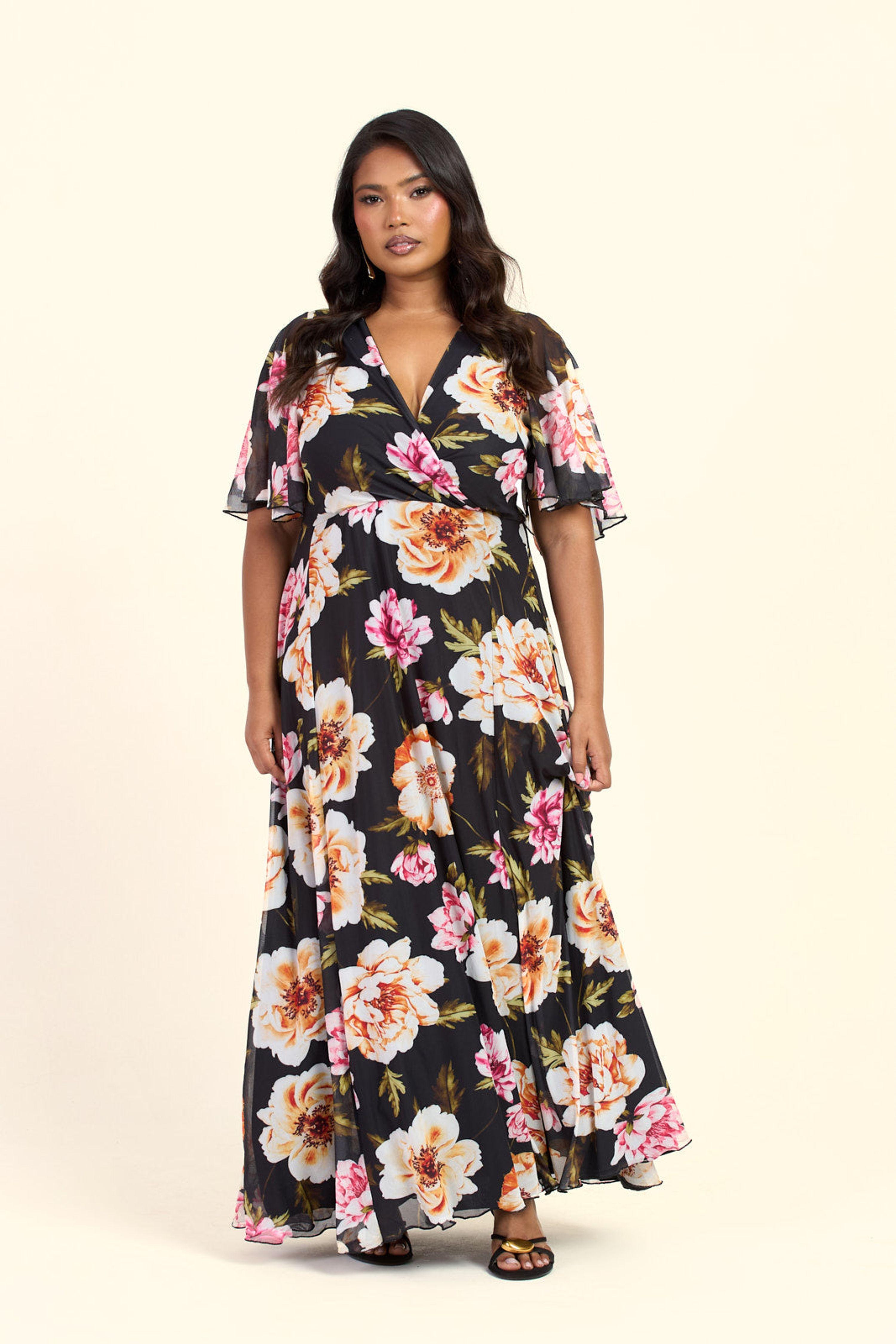 Curve Dark Floral Angel Sleeve Maxi Dress by FASHION-SZN